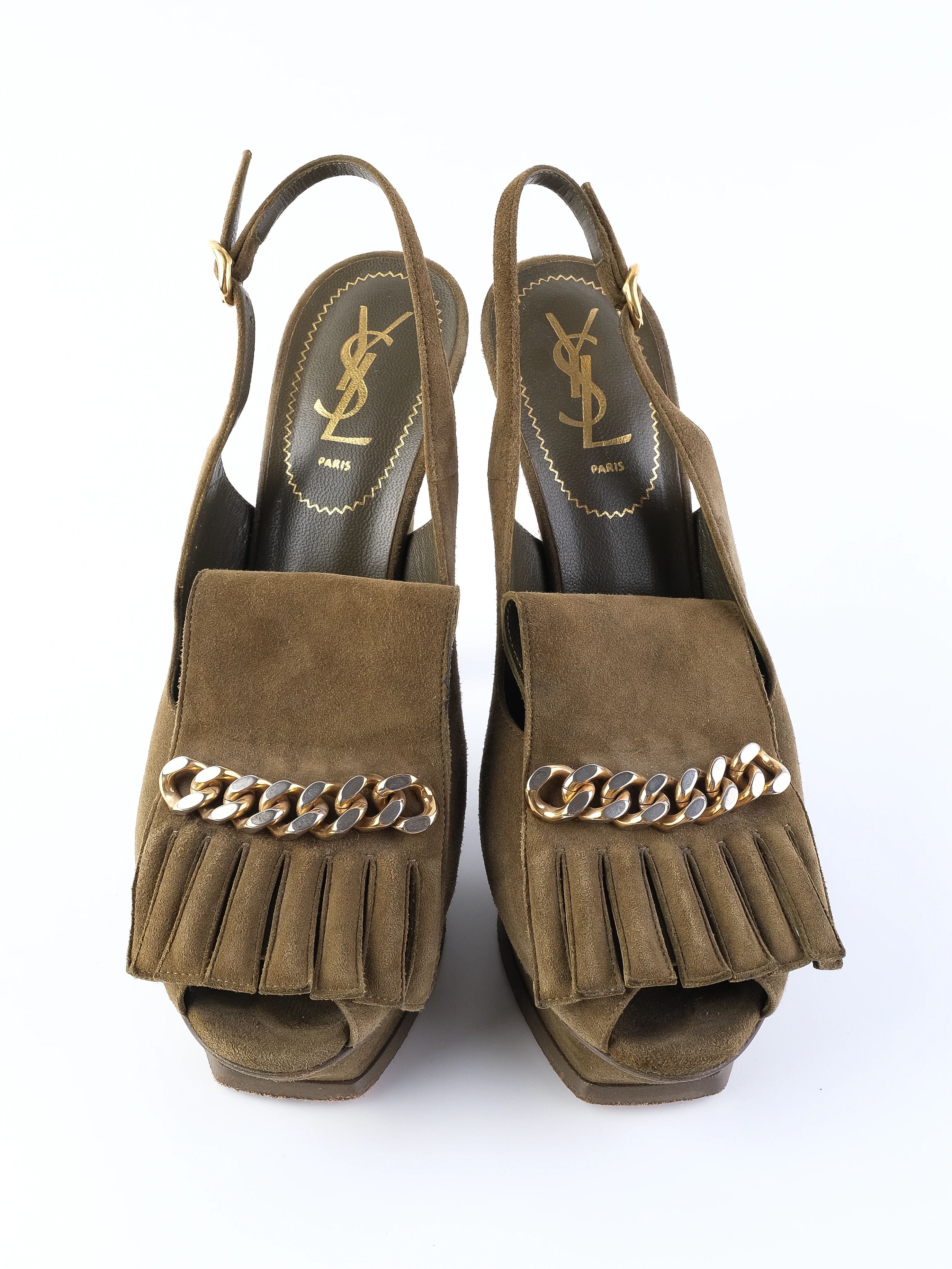 Excellent Yves Saint Laurent Green Leather Slingback Heels Size 39