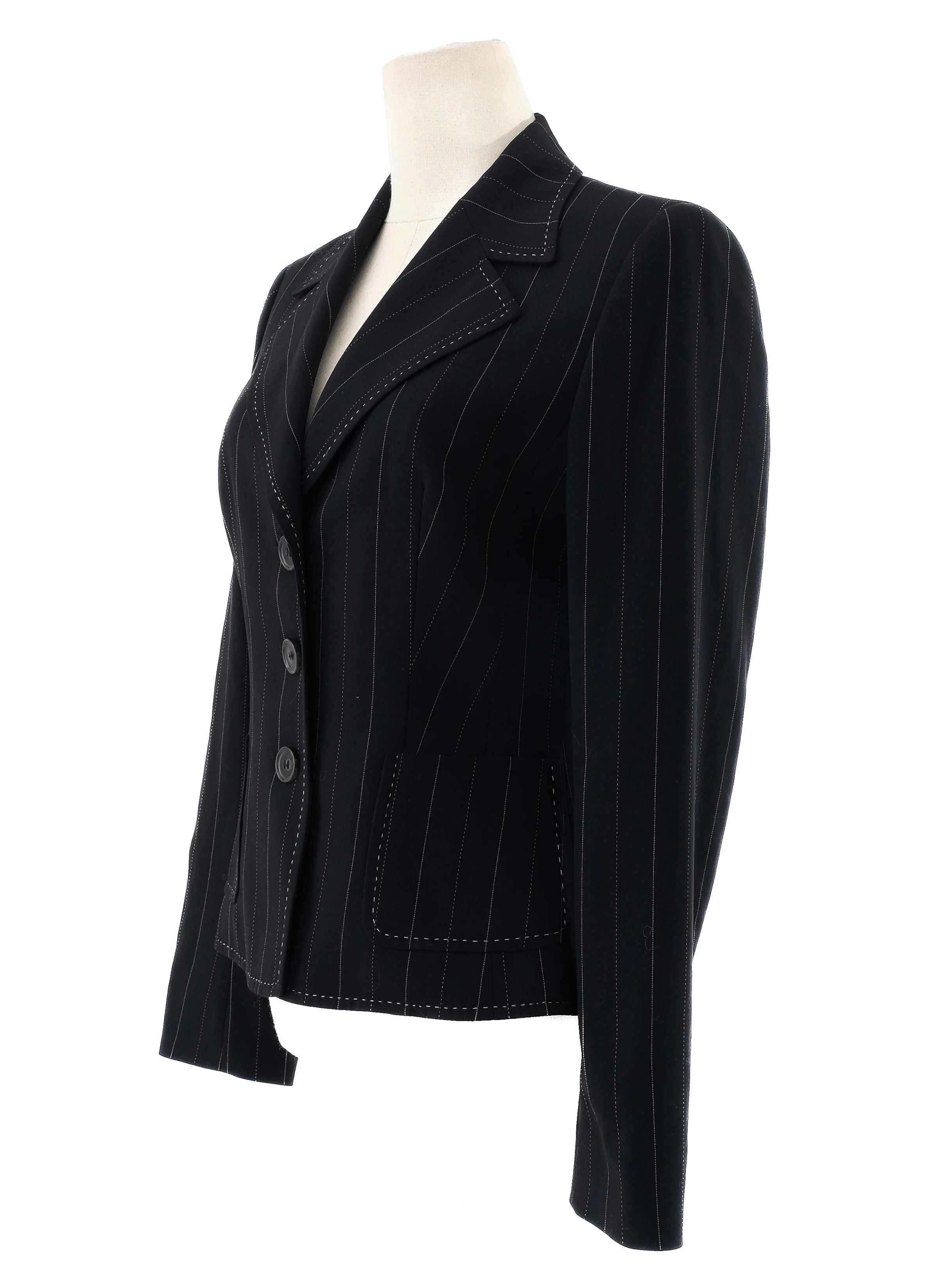 Excellent Escada Black Wool Pinstripe Blazer Size S