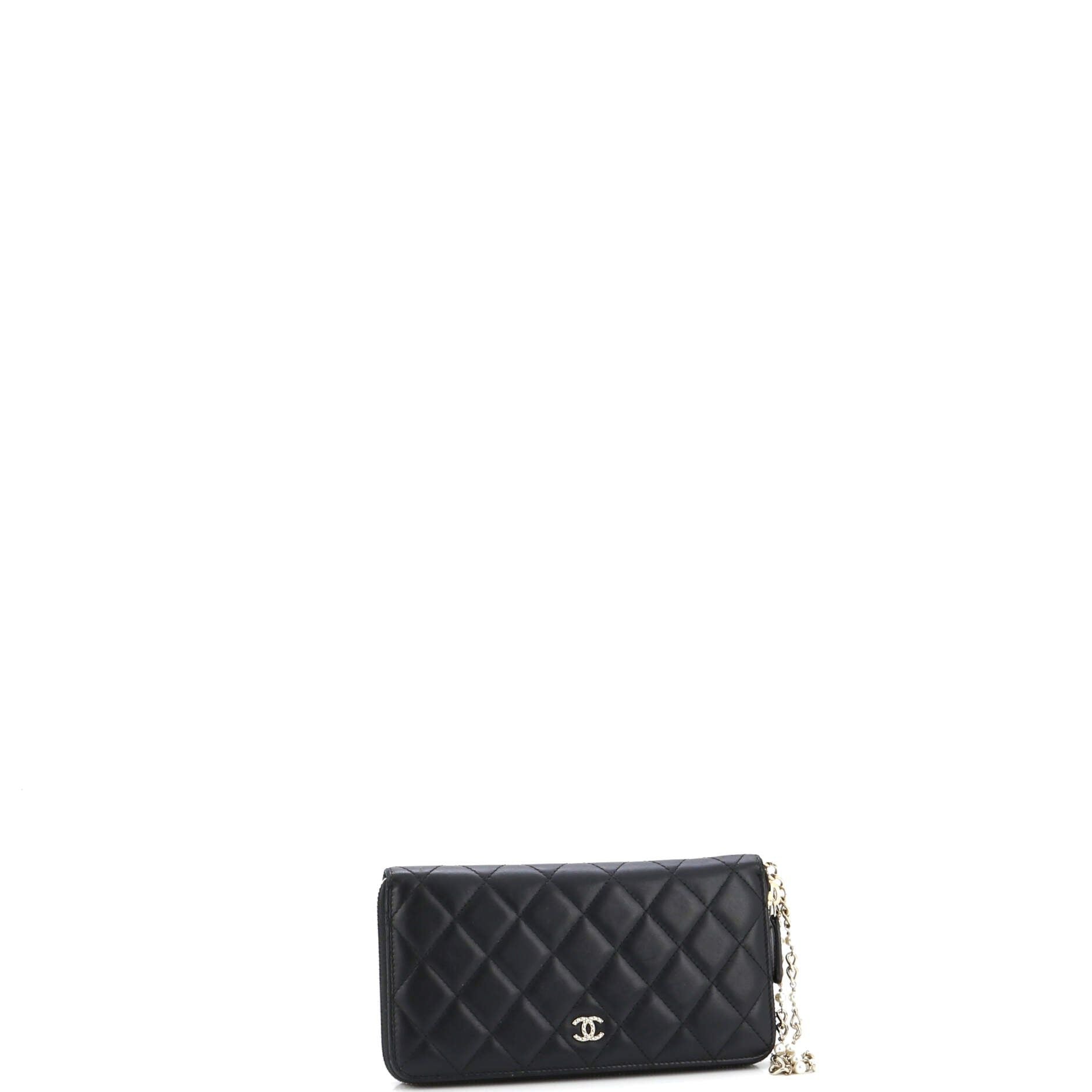 Chanel Zip Around Wallet With Pearl Chain Quilted Lambskin Long