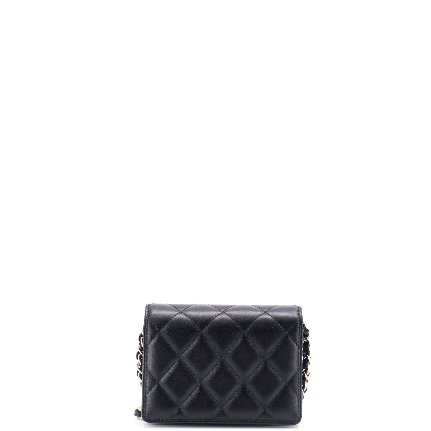 Chanel Camellia Bow Flap Card Holder With Chain Quilted Lambskin