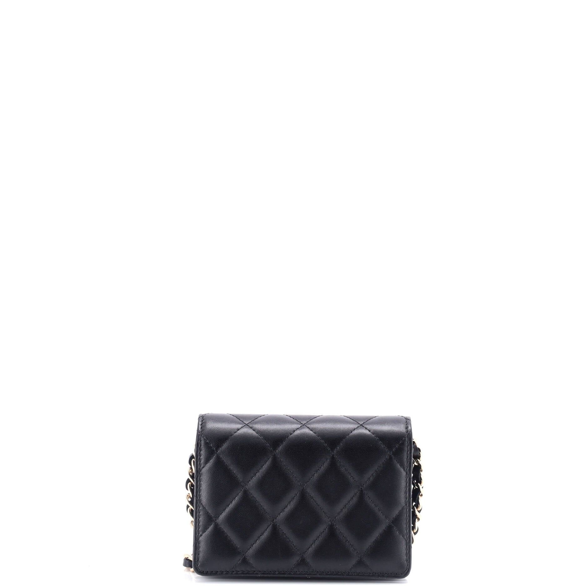 Chanel Camellia Bow Flap Card Holder With Chain Quilted Lambskin