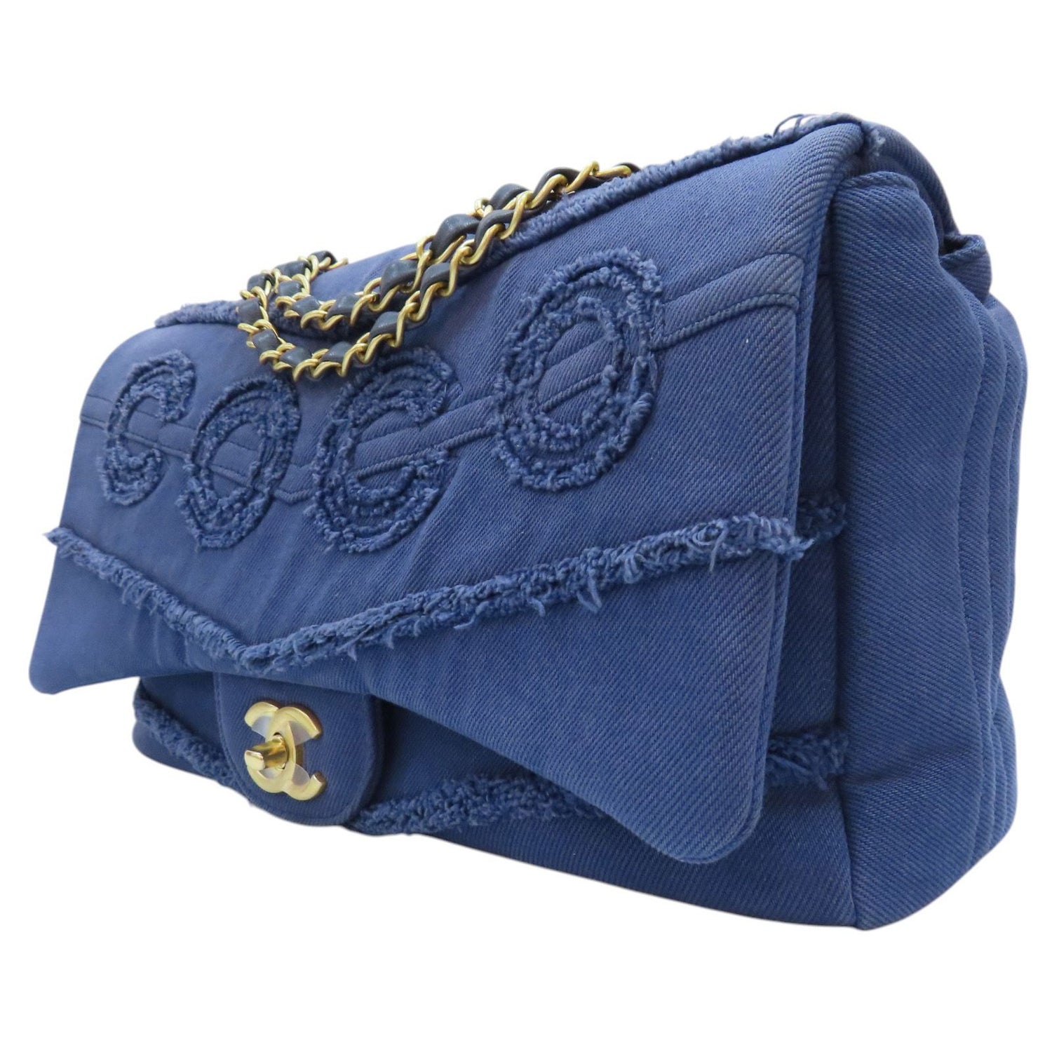 Chanel Coco Shoulder Handbag Blue Chevron Quilted Denim