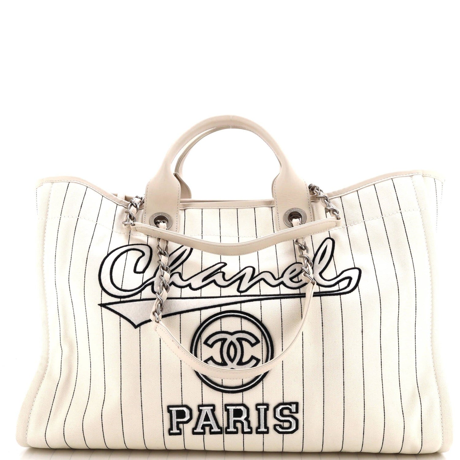 Chanel Deauville Tote Pinstripe Cotton Medium
