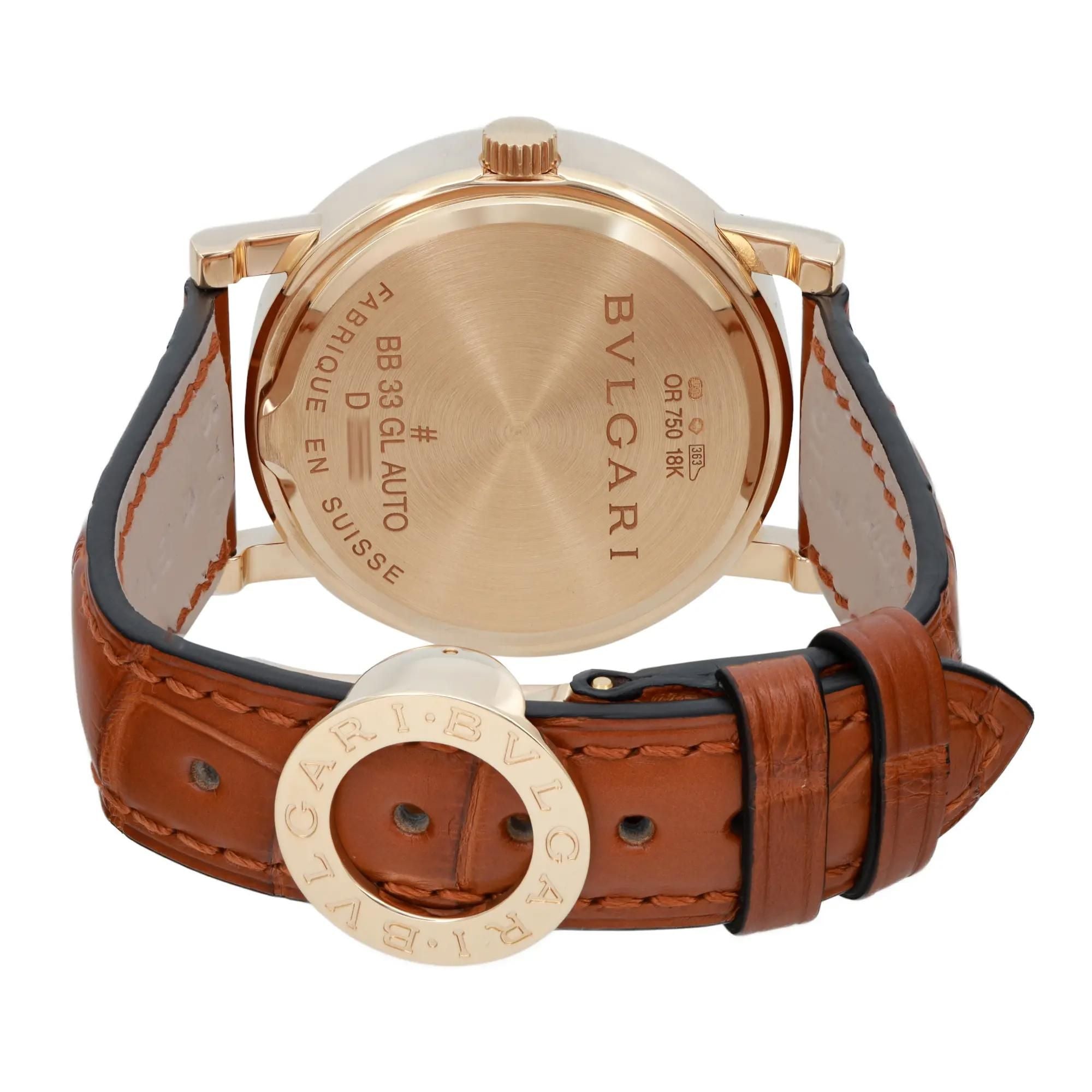 Bvlgari 33mm 18k Yellow Gold White Dial Leather Strap Automatic Watch BB33GL