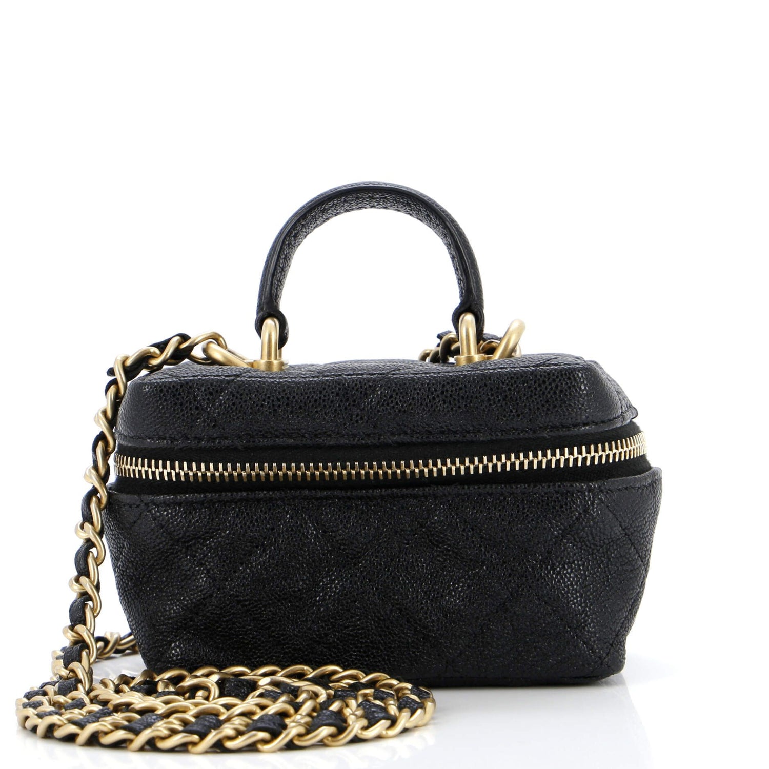 Chanel Top Handle Zip Around Vanity Case With Chain Quilted Caviar Mini