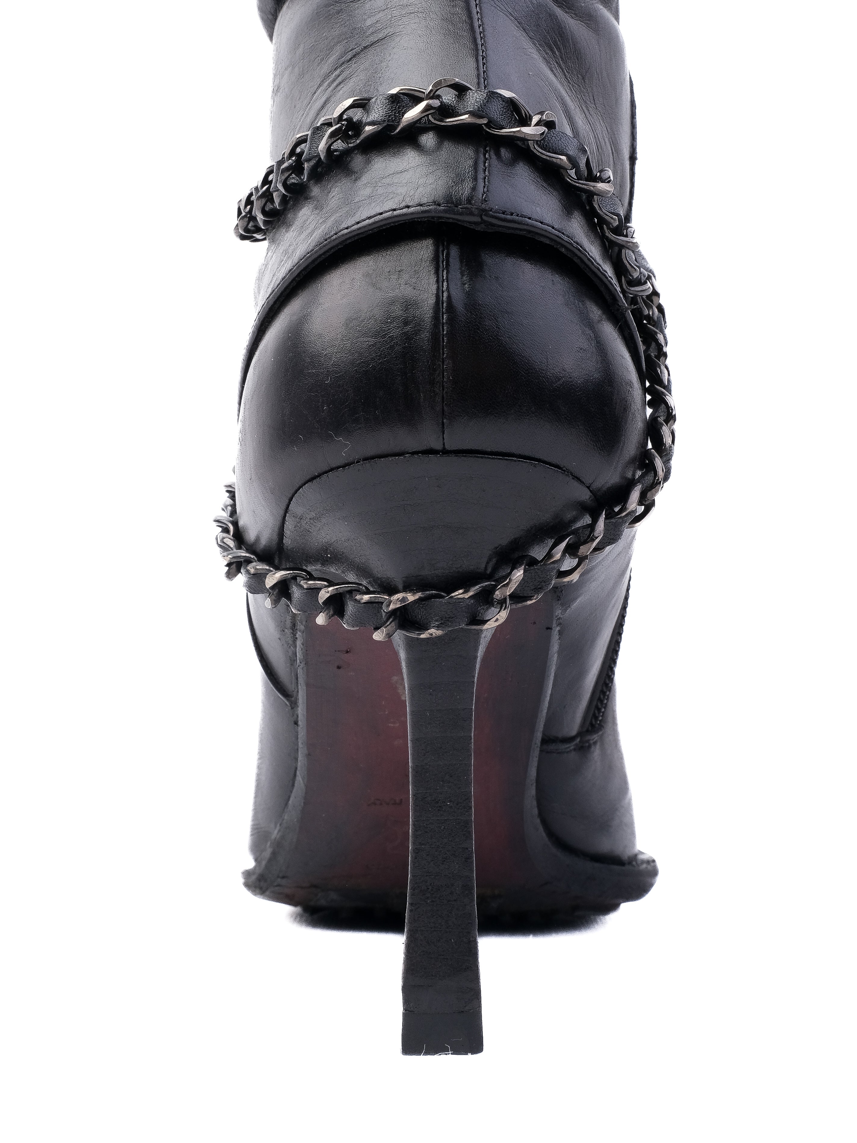 Excellent Fabi Black Leather Knee-High Boots Size 39 with Chains