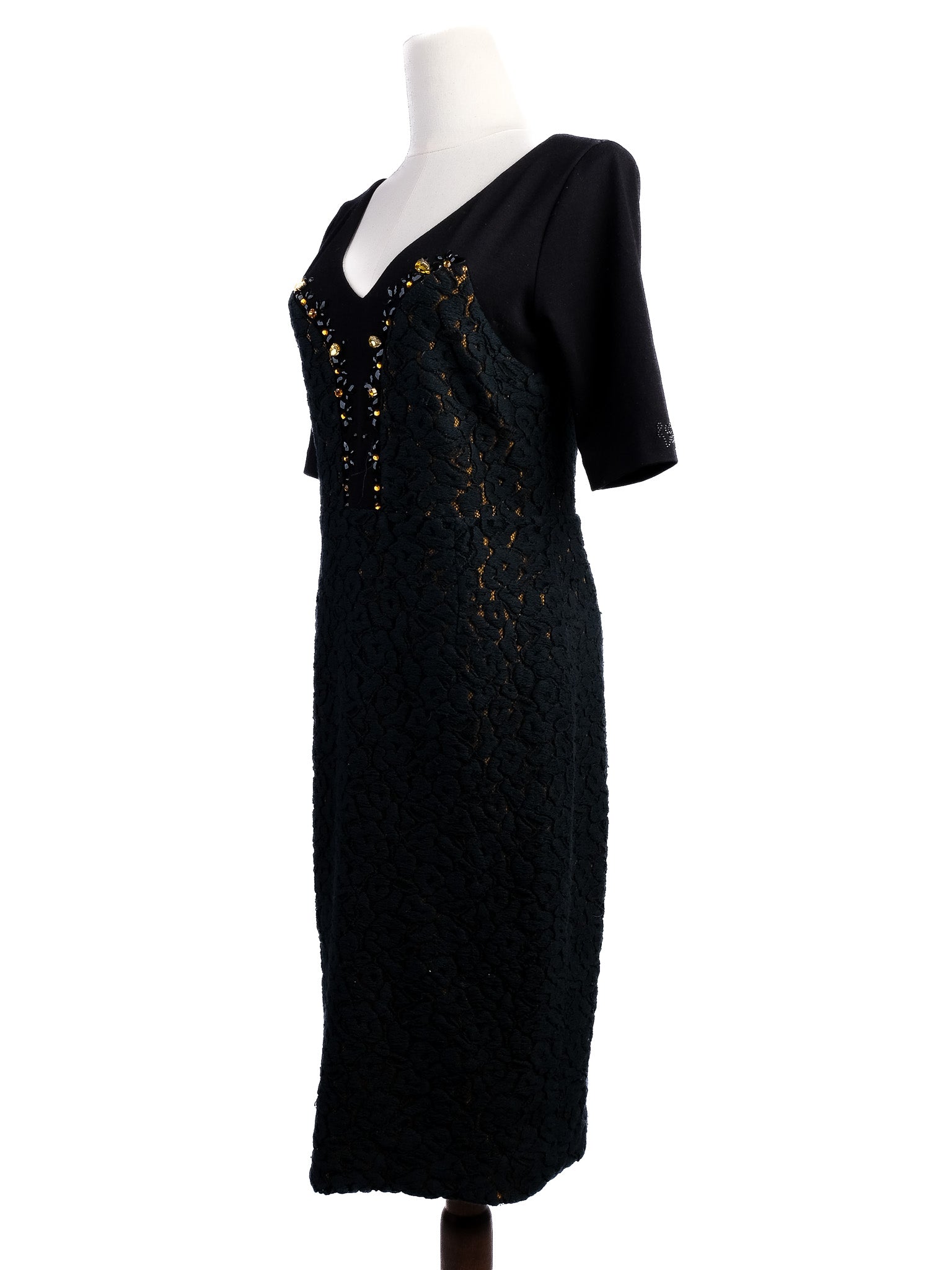 Excellent VDP Black Wool Dress Size L with Embellishments