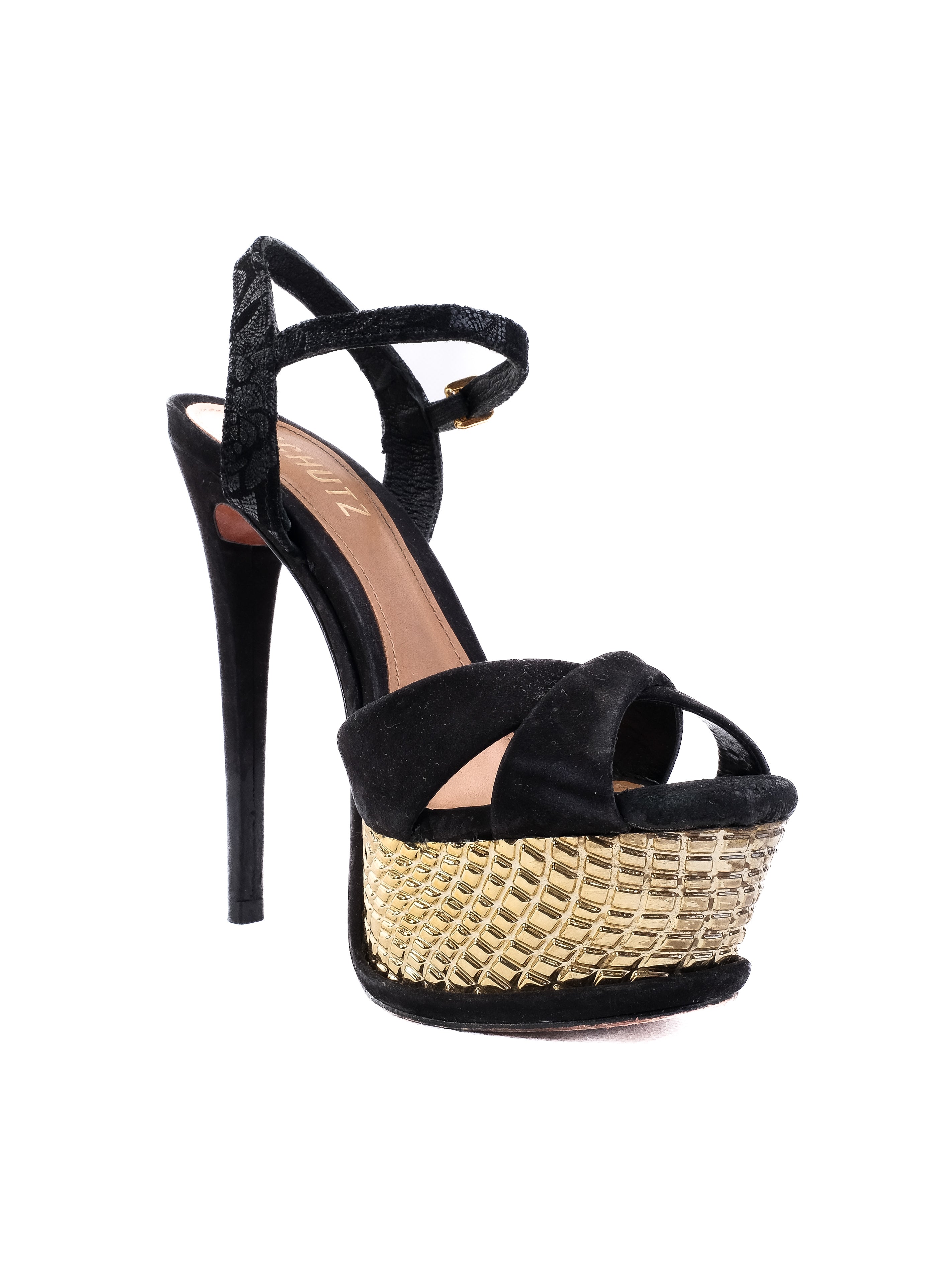 Excellent Schutz Black Leather High-Heeled Platform Shoes Size 36
