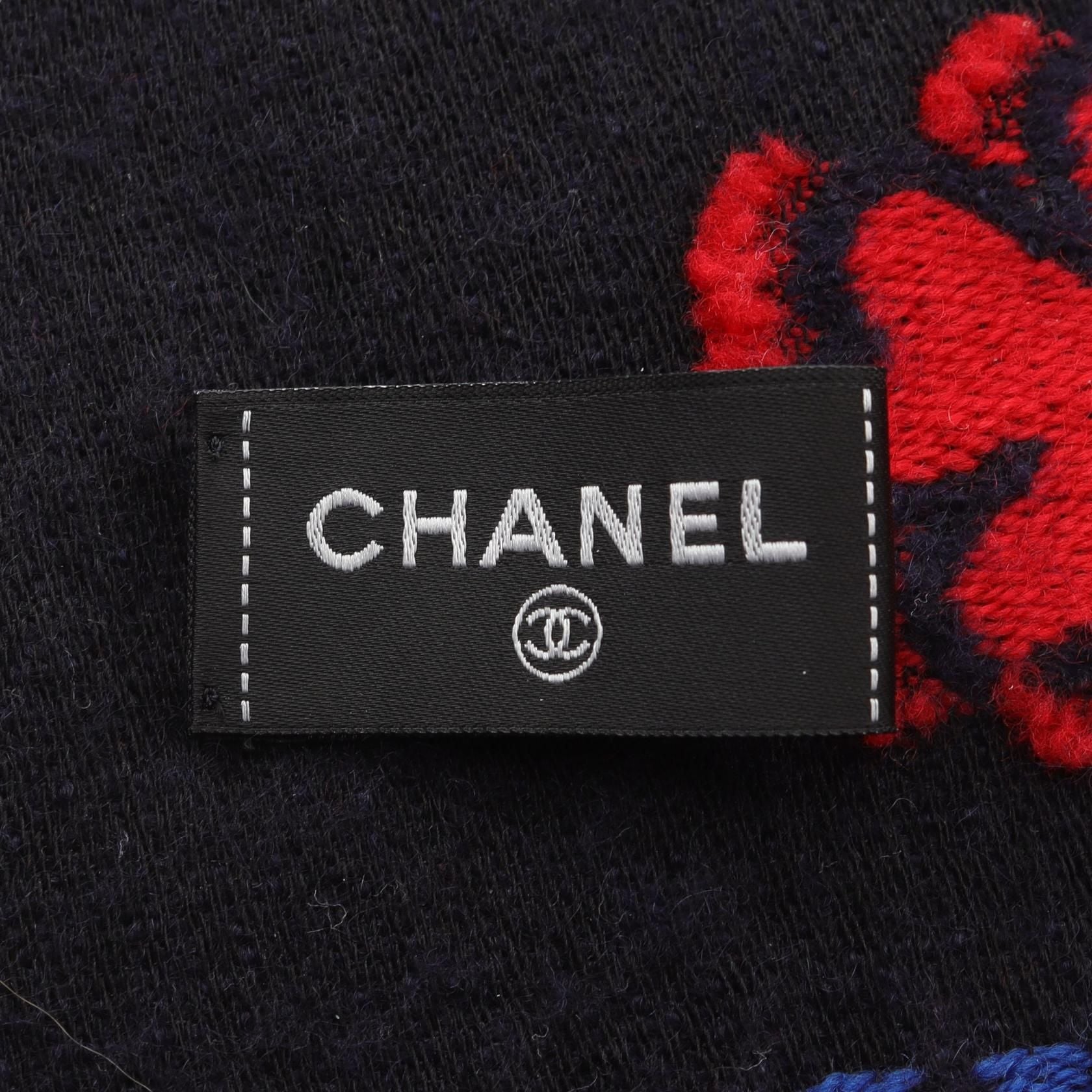 Chanel Navy Multicolor Coco Mark Camelia Scarf Wool Silk Cashmere