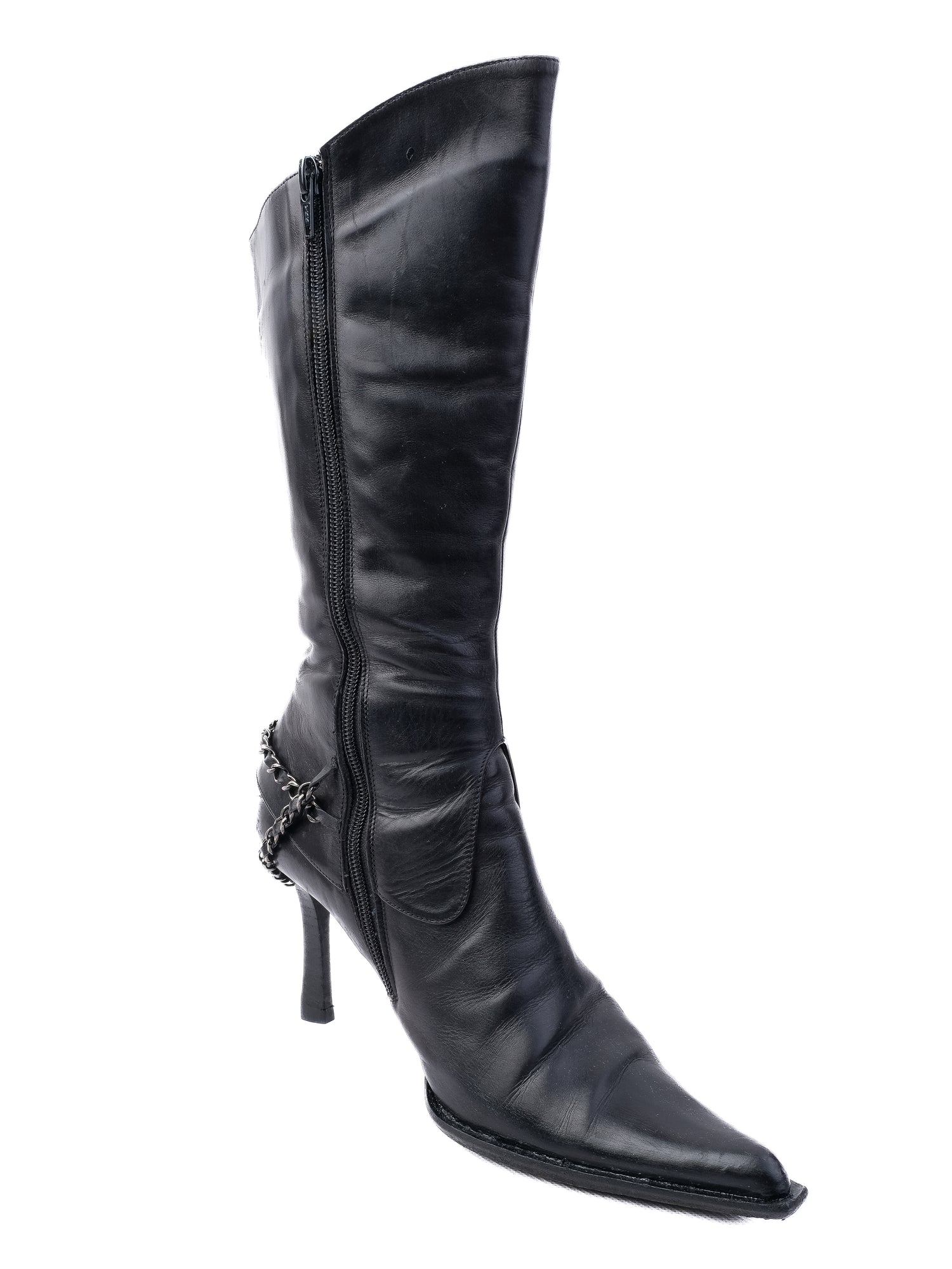 Excellent Fabi Black Leather Knee-High Boots Size 39 with Chains