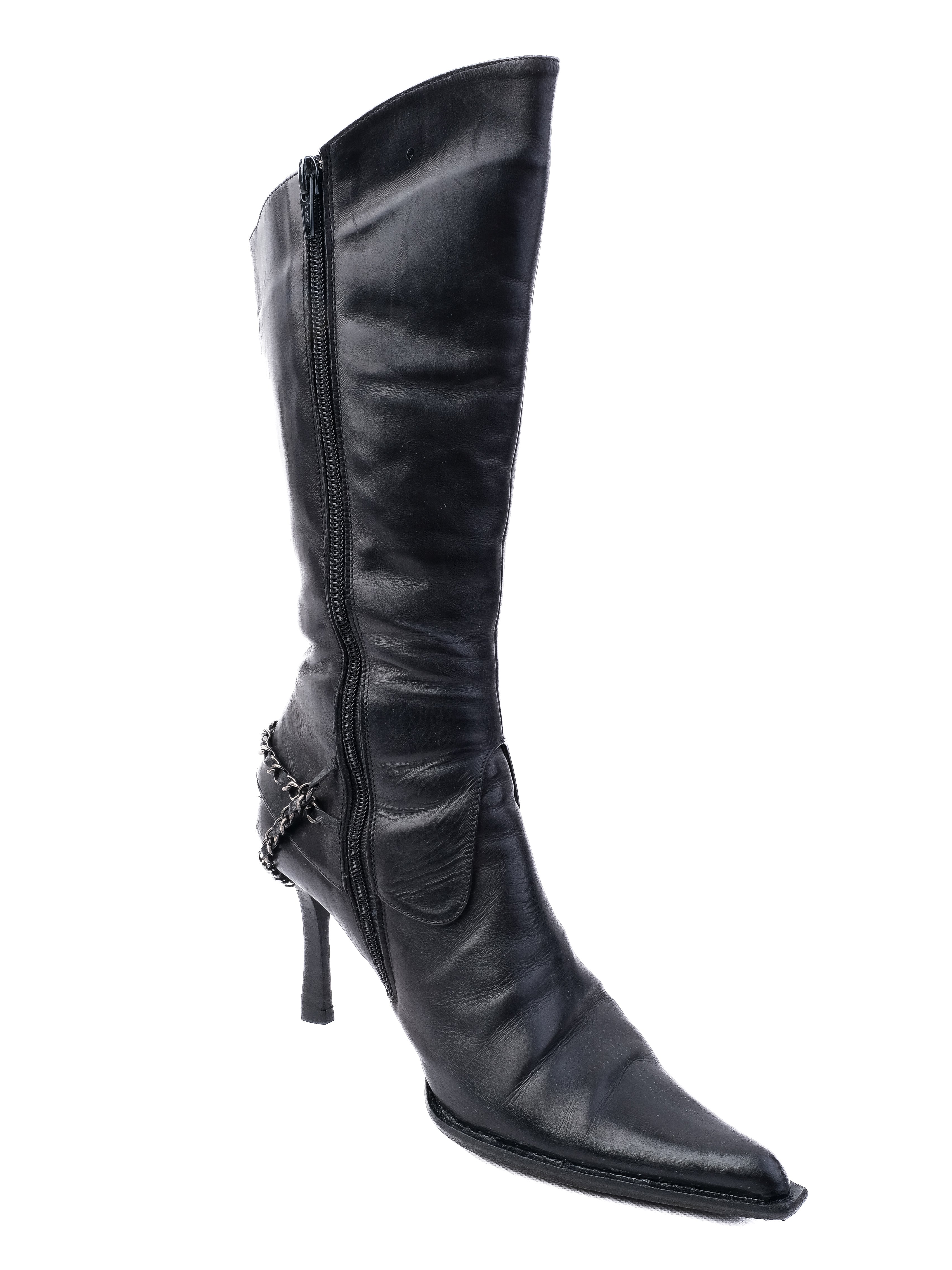 Excellent Fabi Black Leather Knee-High Boots Size 39 with Chains