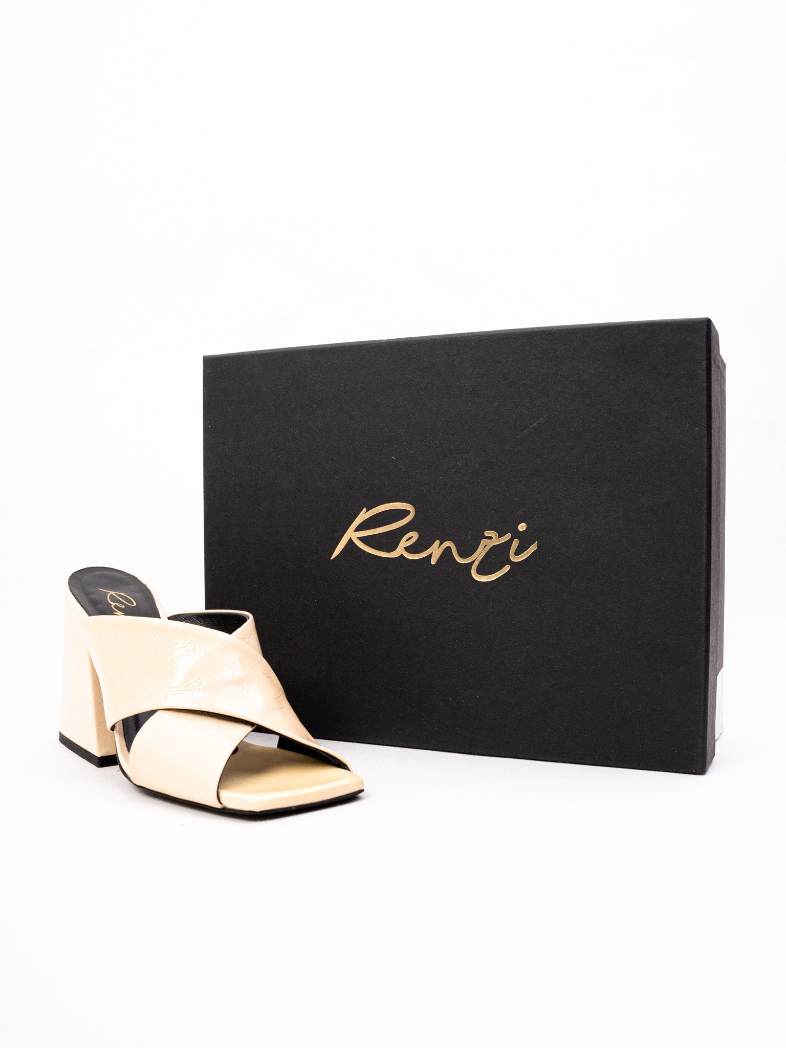 Excellent R&Renzi White Leather Mules with High Block Heel