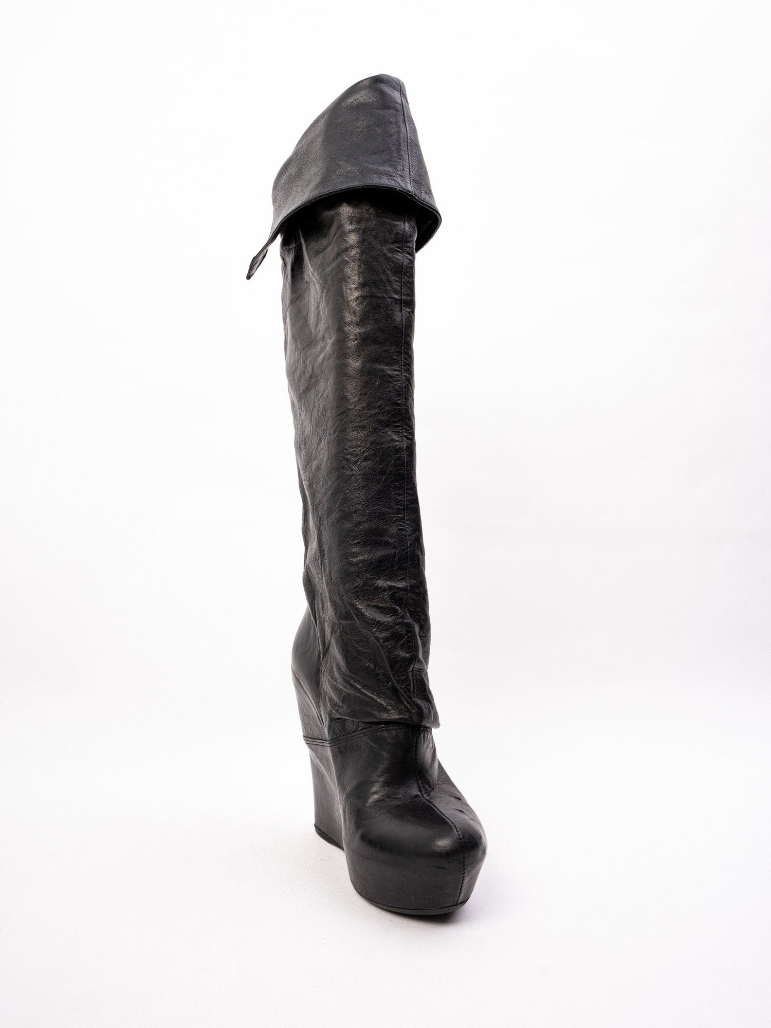 Perfect Vic Matie Black Leather High-Heeled Wedge Knee-High Boots Size 37