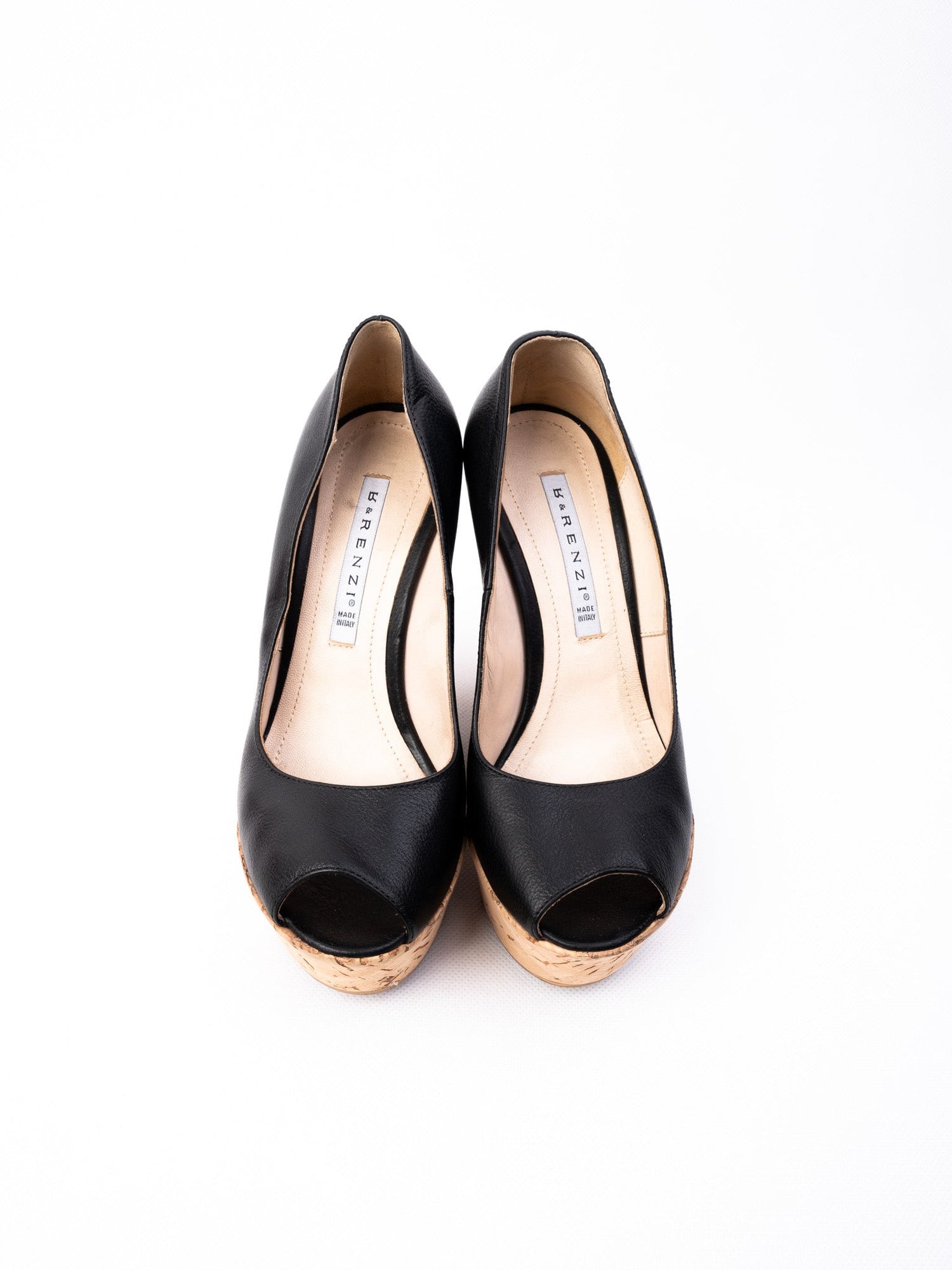Excellent R&Renzi Black Leather Wedge Shoes Size 36 with Cork Heels