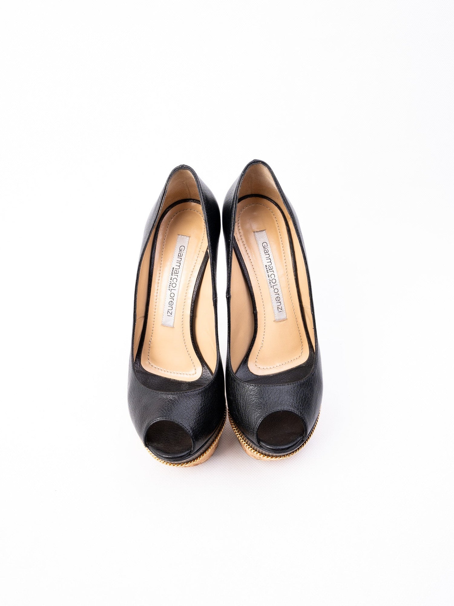 Excellent Gianmarco Lorenzi Black Leather Peep-Toe Platform Shoes Size 36.5