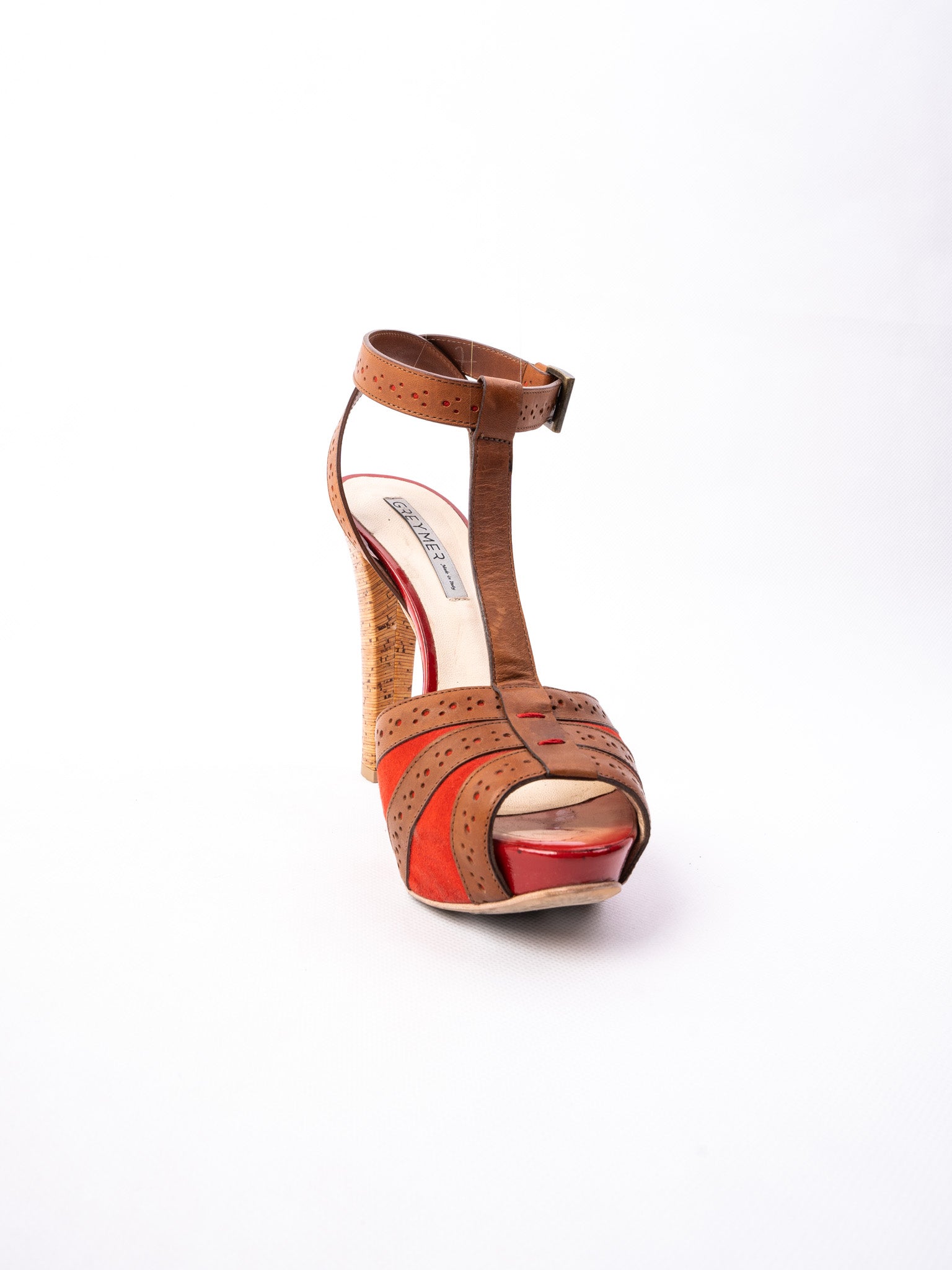 Excellent Greymer High-Heeled Sandals Leather Size 37 Red Brown