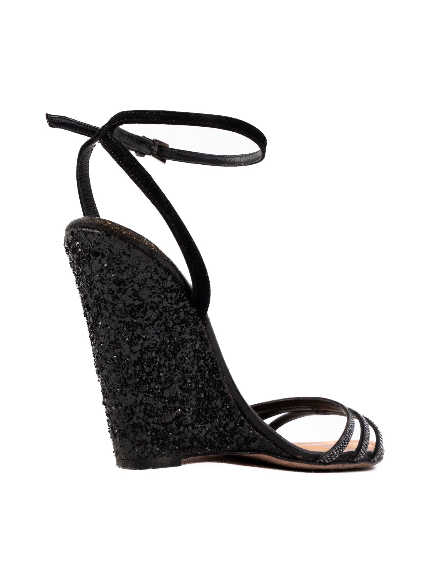 Sebastian Black Leather Wedge Sandals with Glitter Size 37