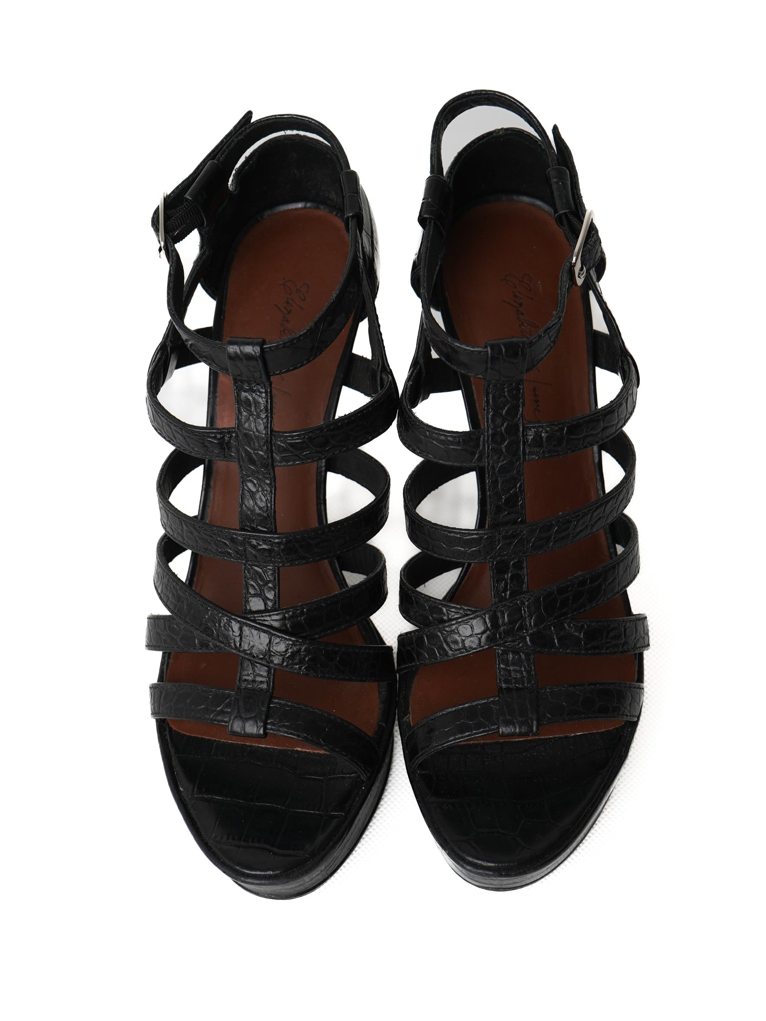 Elizabeth and James Black Leather High-Heeled Platform Sandals Size 37.5