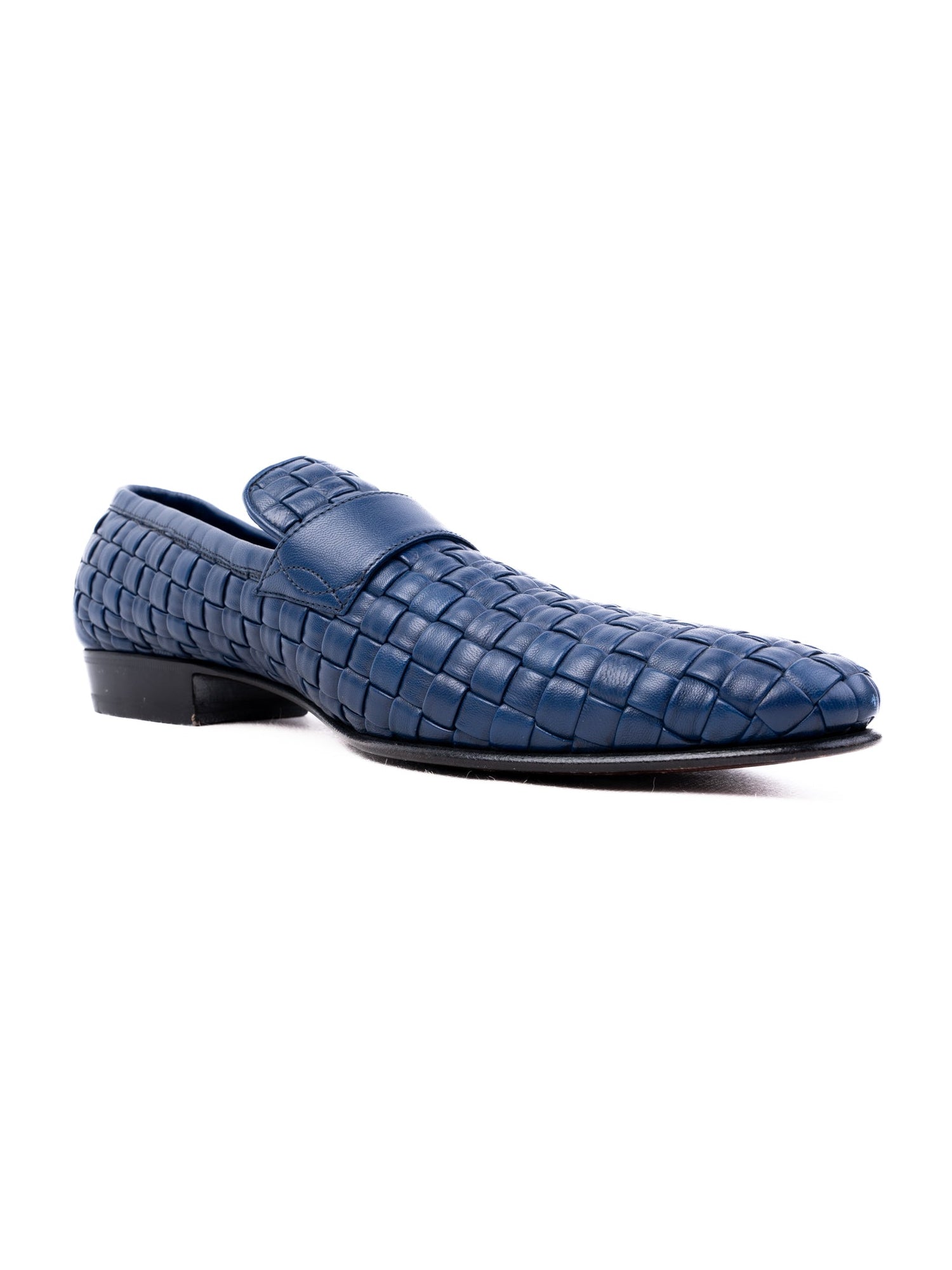 A.Testoni Excellent Blue Leather Woven Loafers Size 43 for Men