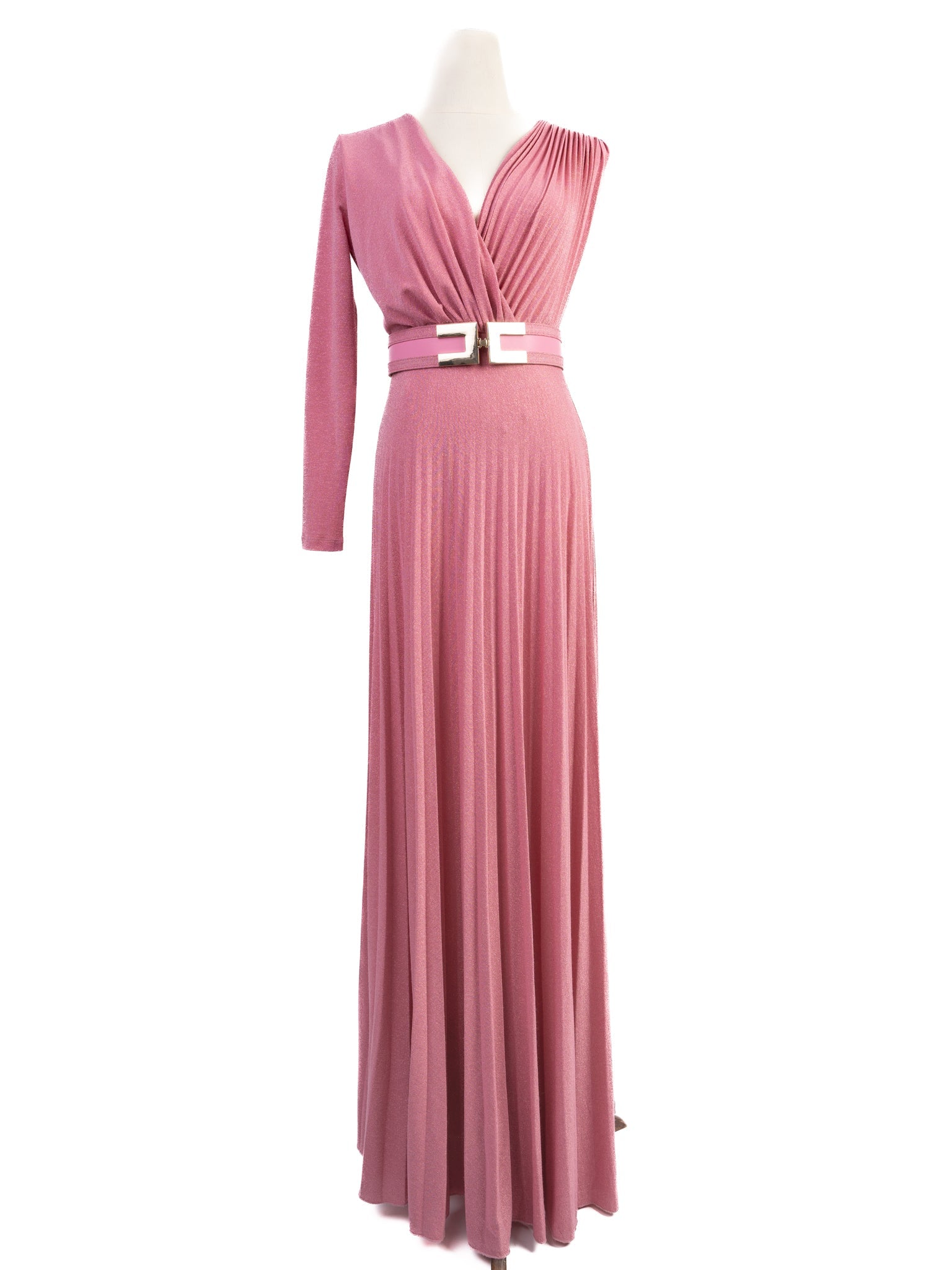 Excellent Elisabetta Franchi Pink Evening Gown with V-Neck & Asymmetric Sleeves