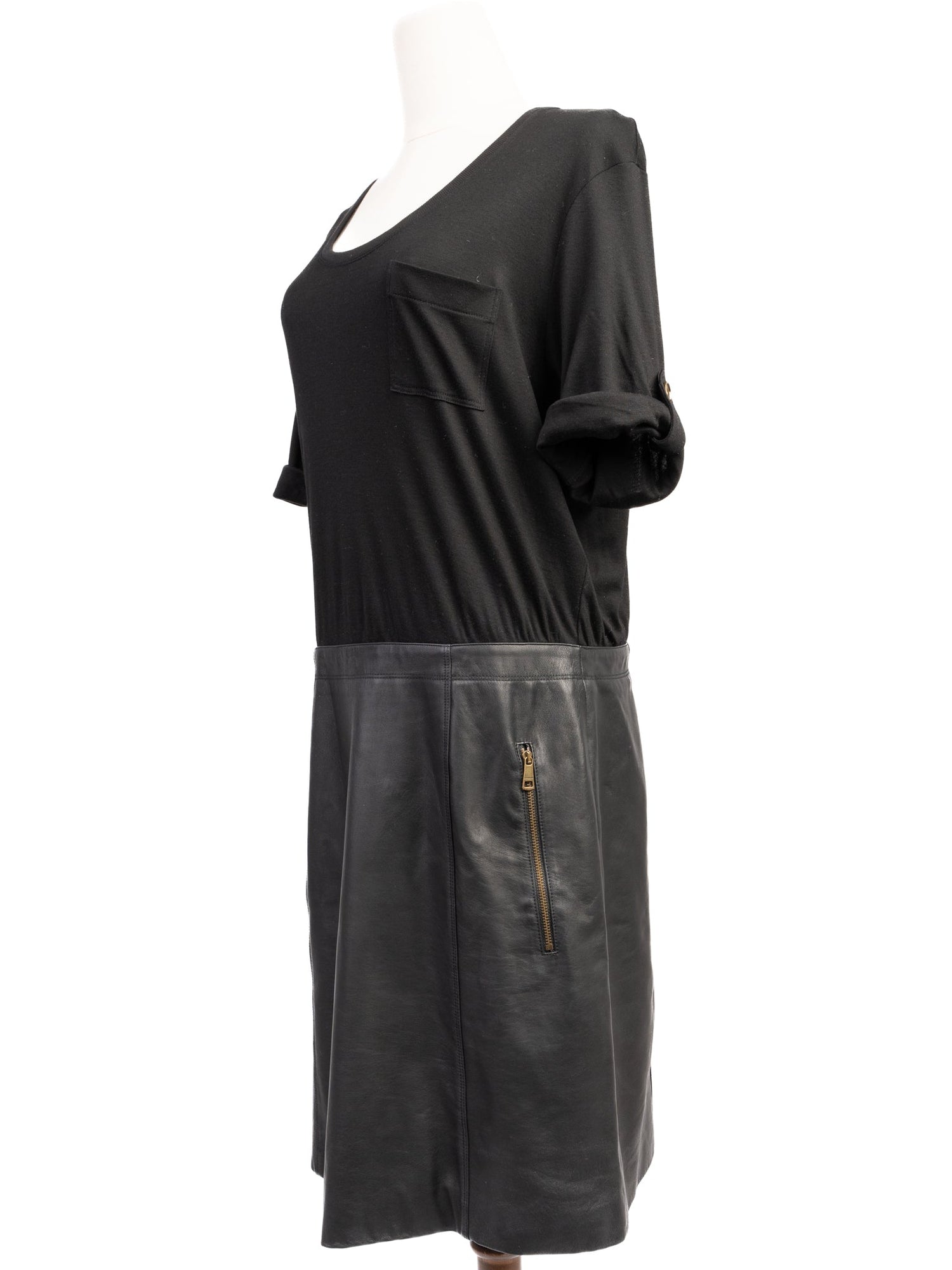 Excellent Burberry Black Silk Dress Size L with Leather Skirt
