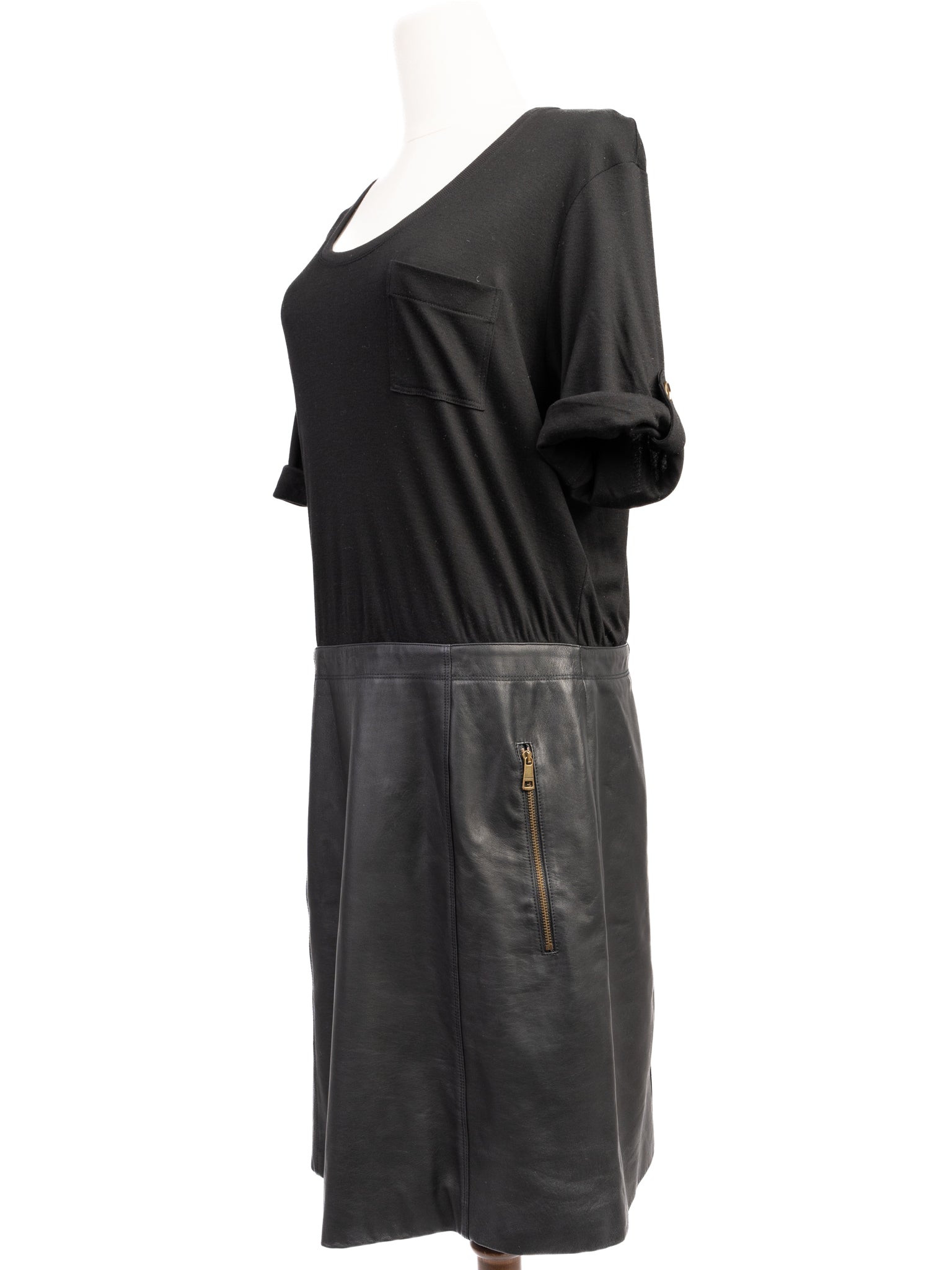 Excellent Burberry Black Silk Dress Size L with Leather Skirt