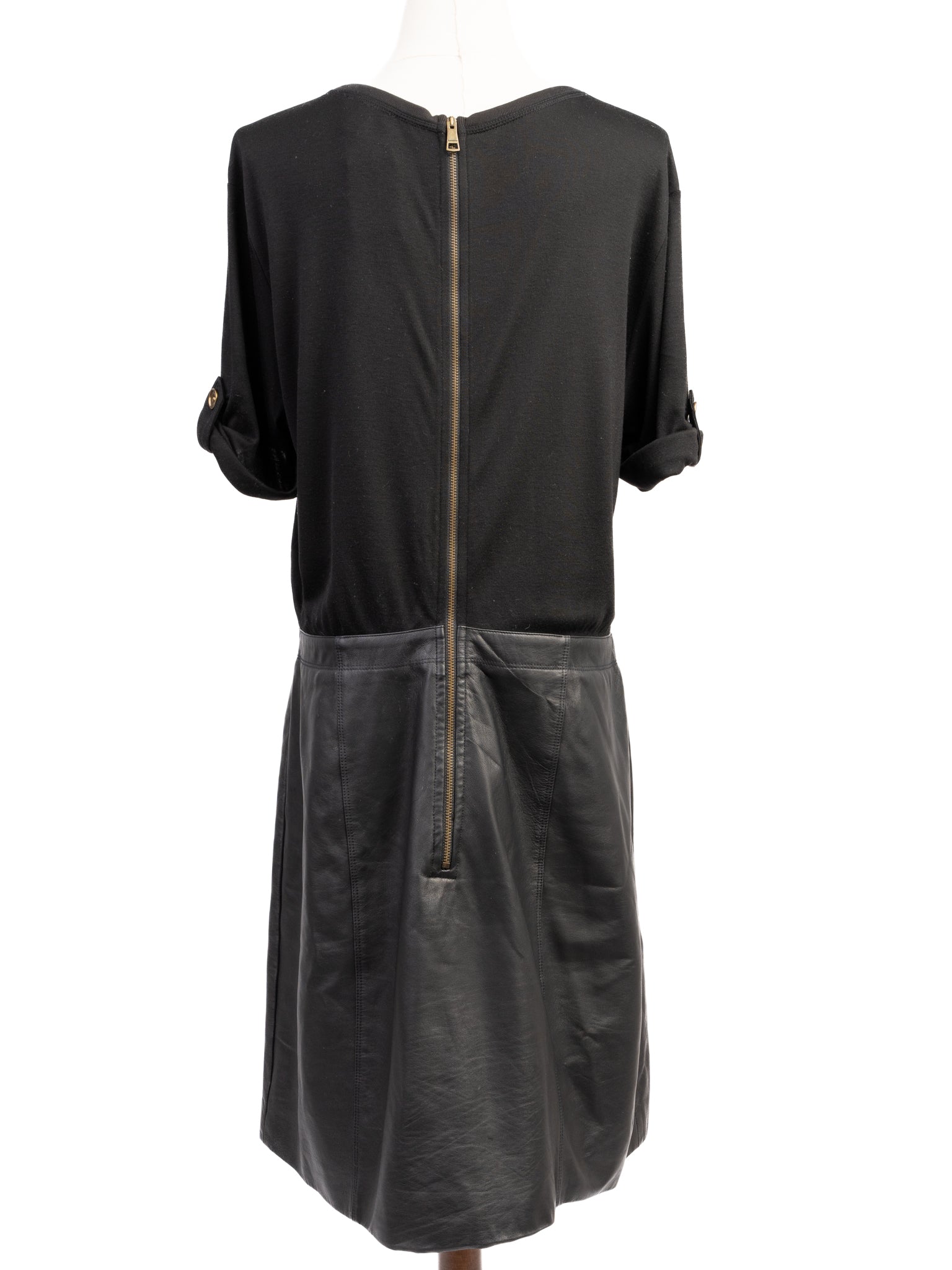 Excellent Burberry Black Silk Dress Size L with Leather Skirt