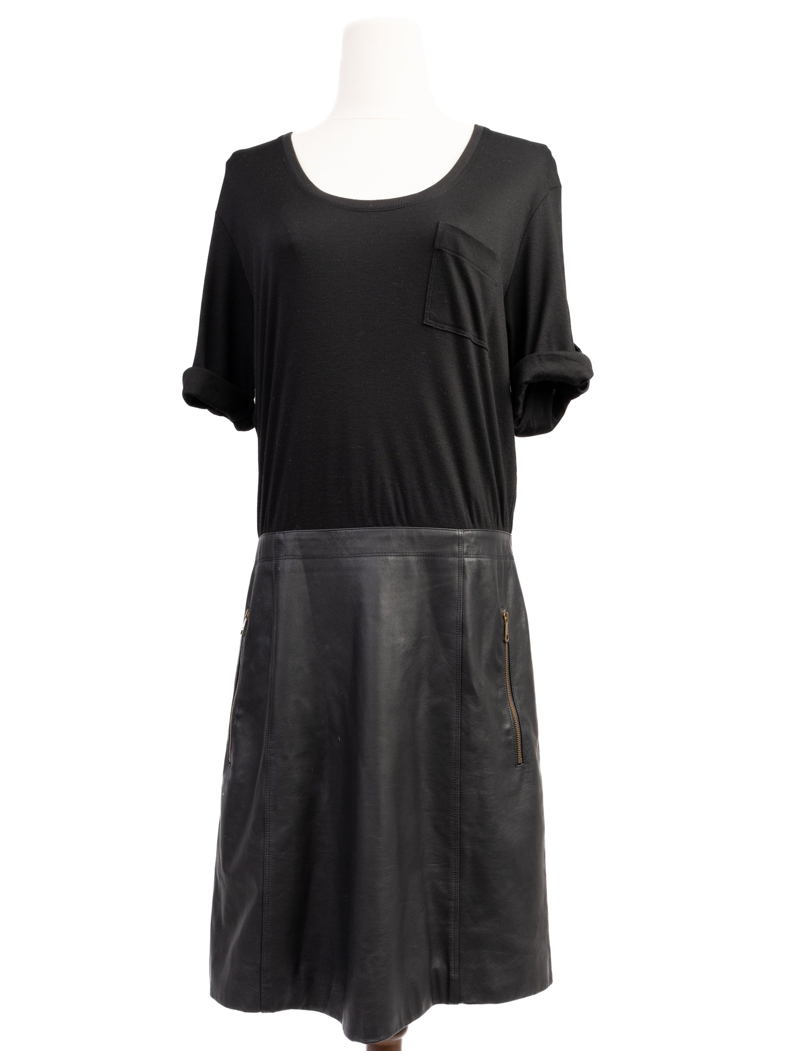 Excellent Burberry Black Silk Dress Size L with Leather Skirt