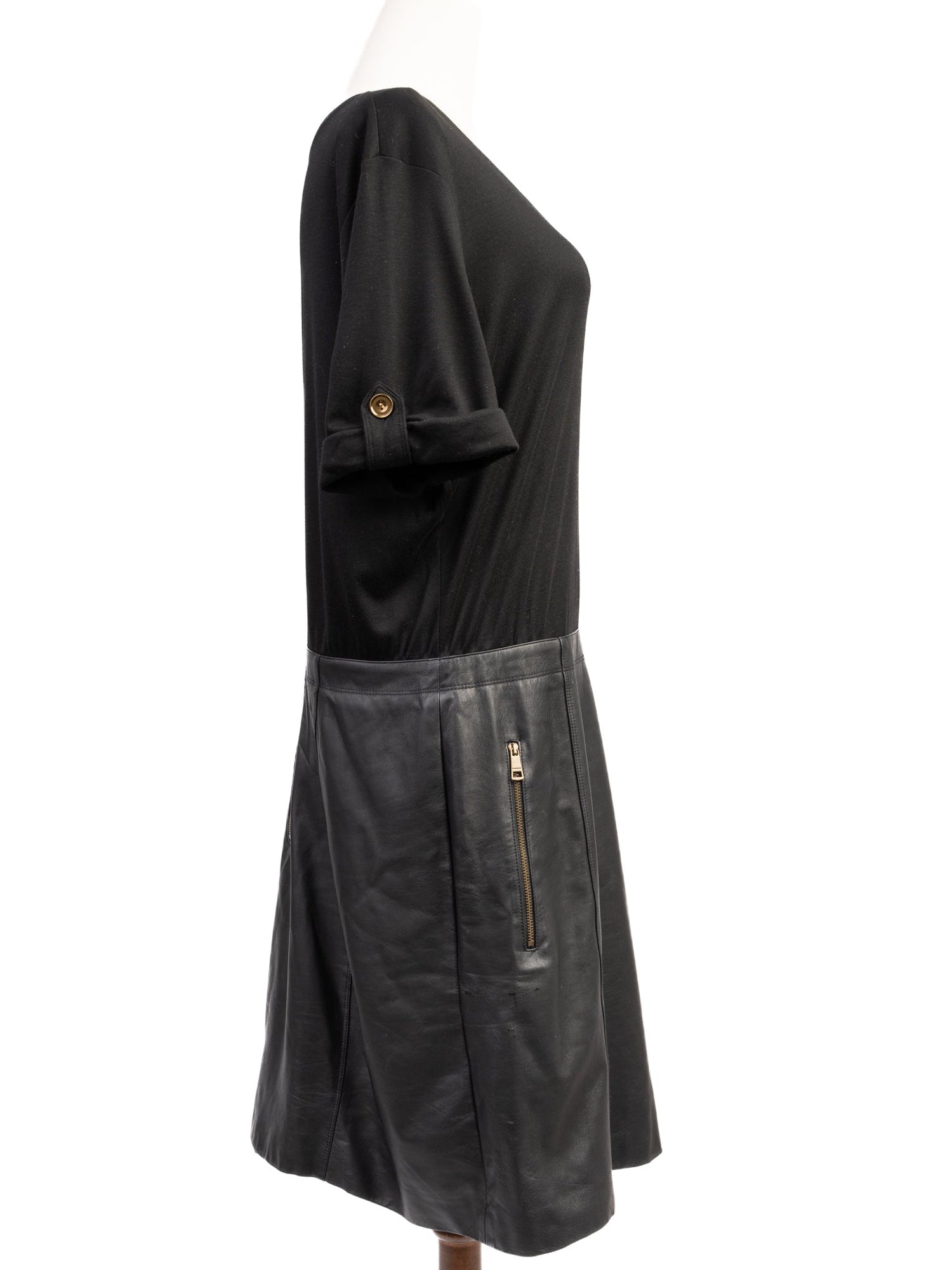 Excellent Burberry Black Silk Dress Size L with Leather Skirt