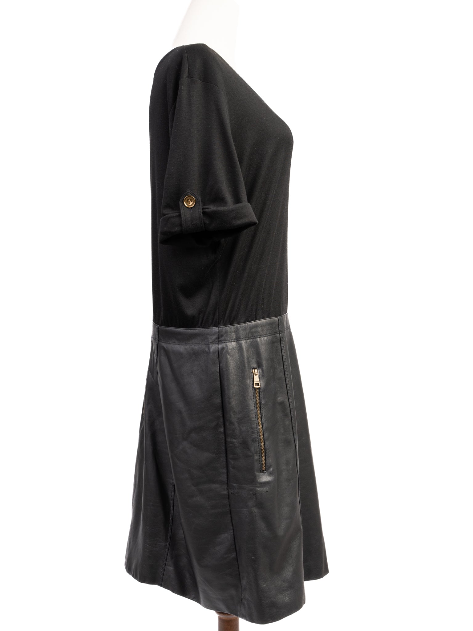 Excellent Burberry Black Silk Dress Size L with Leather Skirt