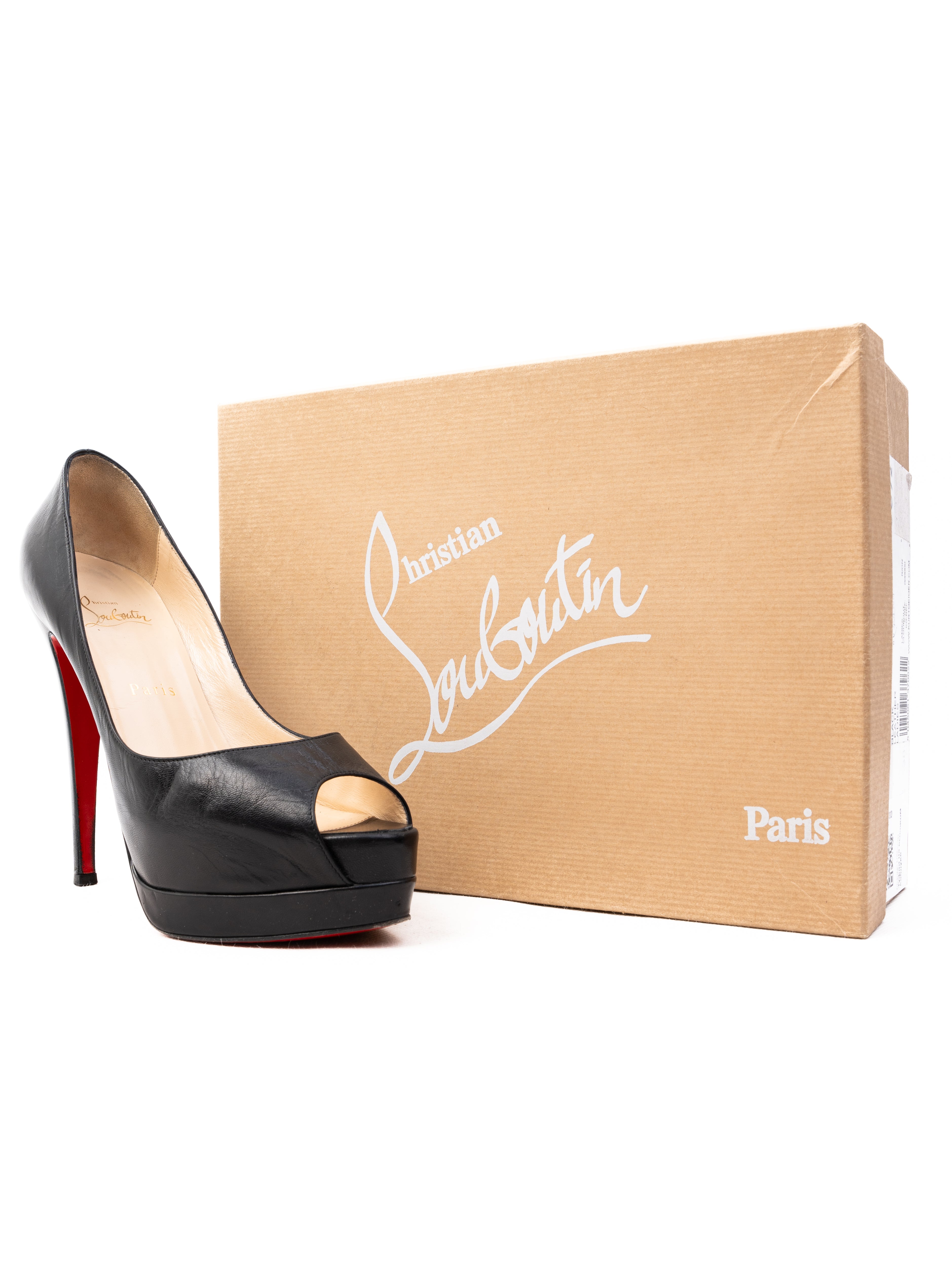 Christian Louboutin Black Leather Open Toe High Heels Size 37.5
