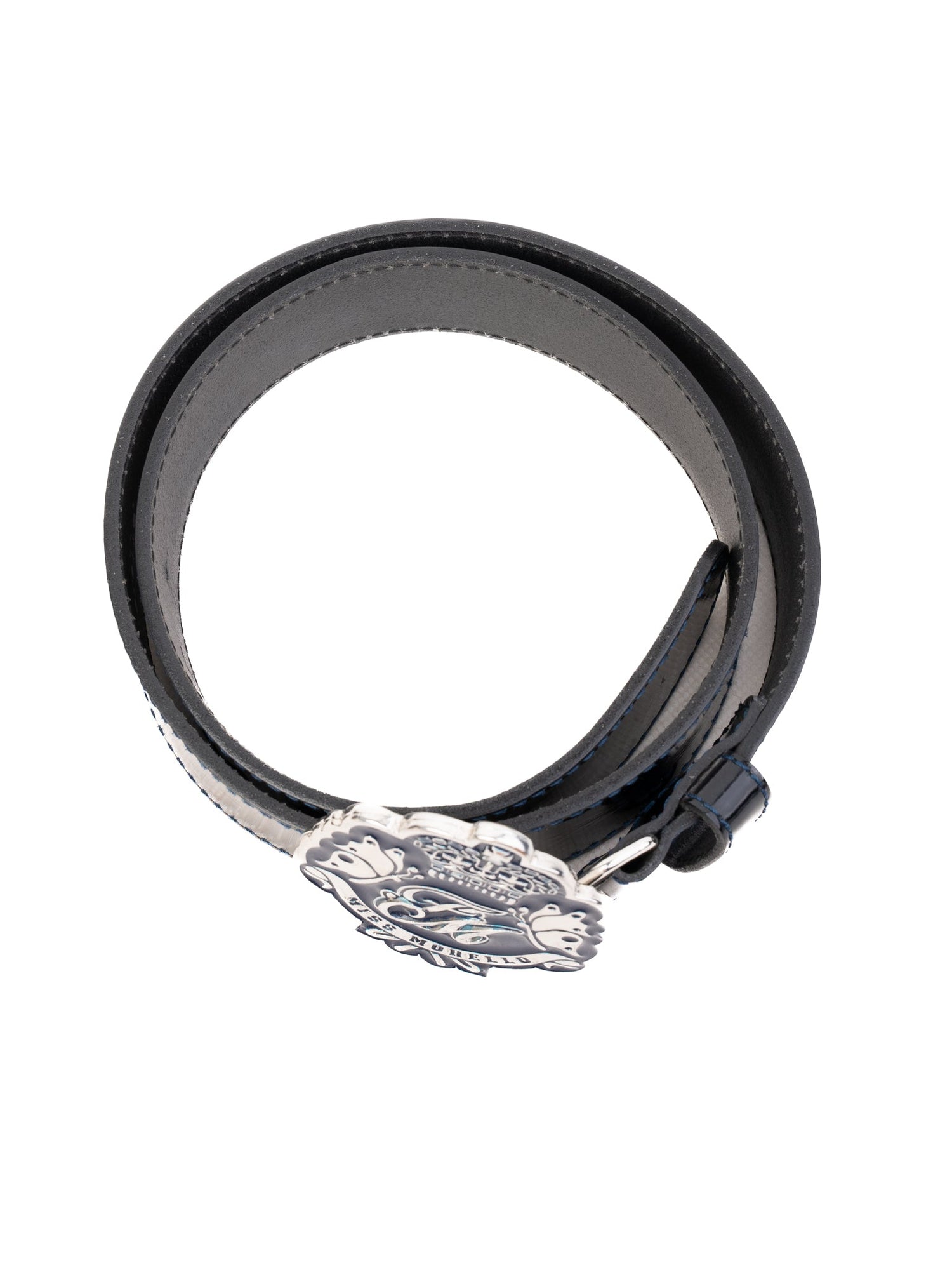 Frankie Morello Black Leather Belt with Ornate Metal Buckle