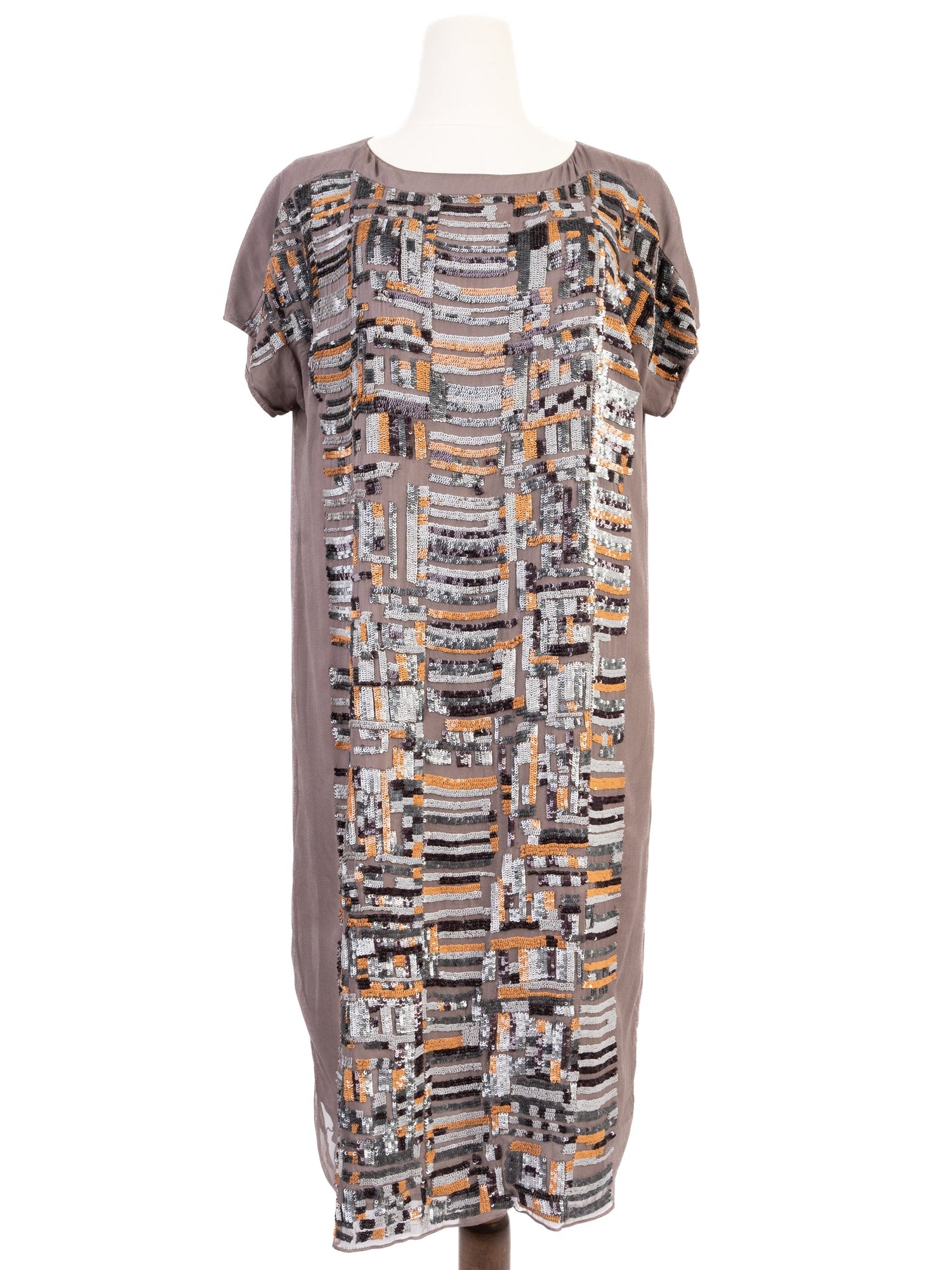 Excellent Nicole Farhi Brown Silk Dress with Sequins Size M