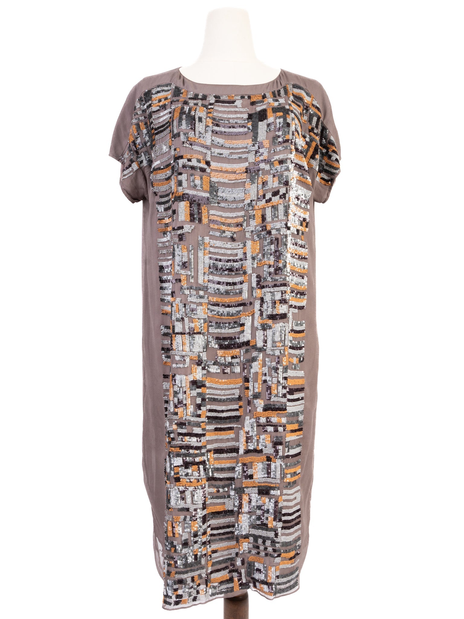 Excellent Nicole Farhi Brown Silk Dress with Sequins Size M