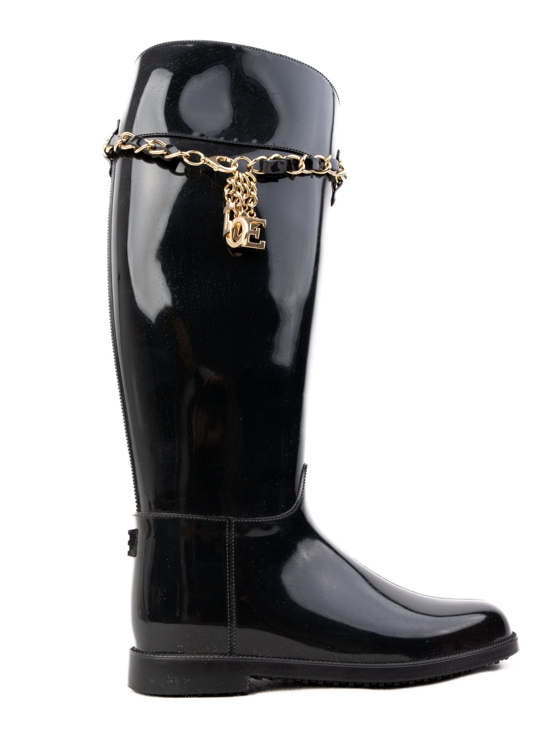 Excellent Love Moschino Black Knee-High Rain Boots with Gold Chain Detail