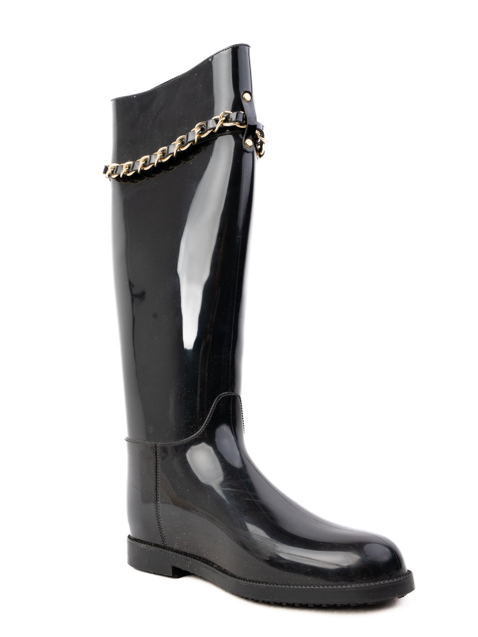 Excellent Love Moschino Black Knee-High Rain Boots with Gold Chain Detail