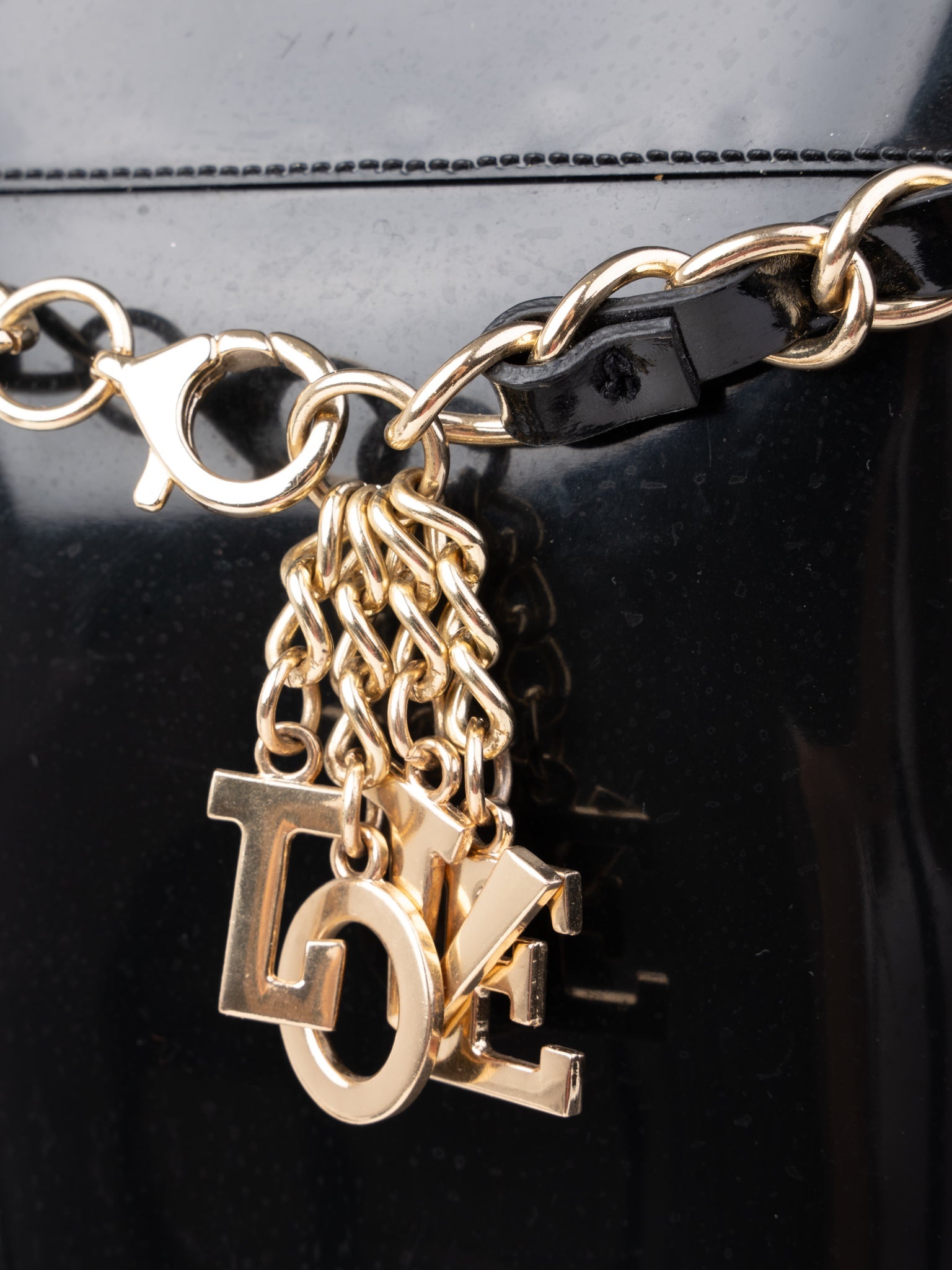 Excellent Love Moschino Black Knee-High Rain Boots with Gold Chain Detail