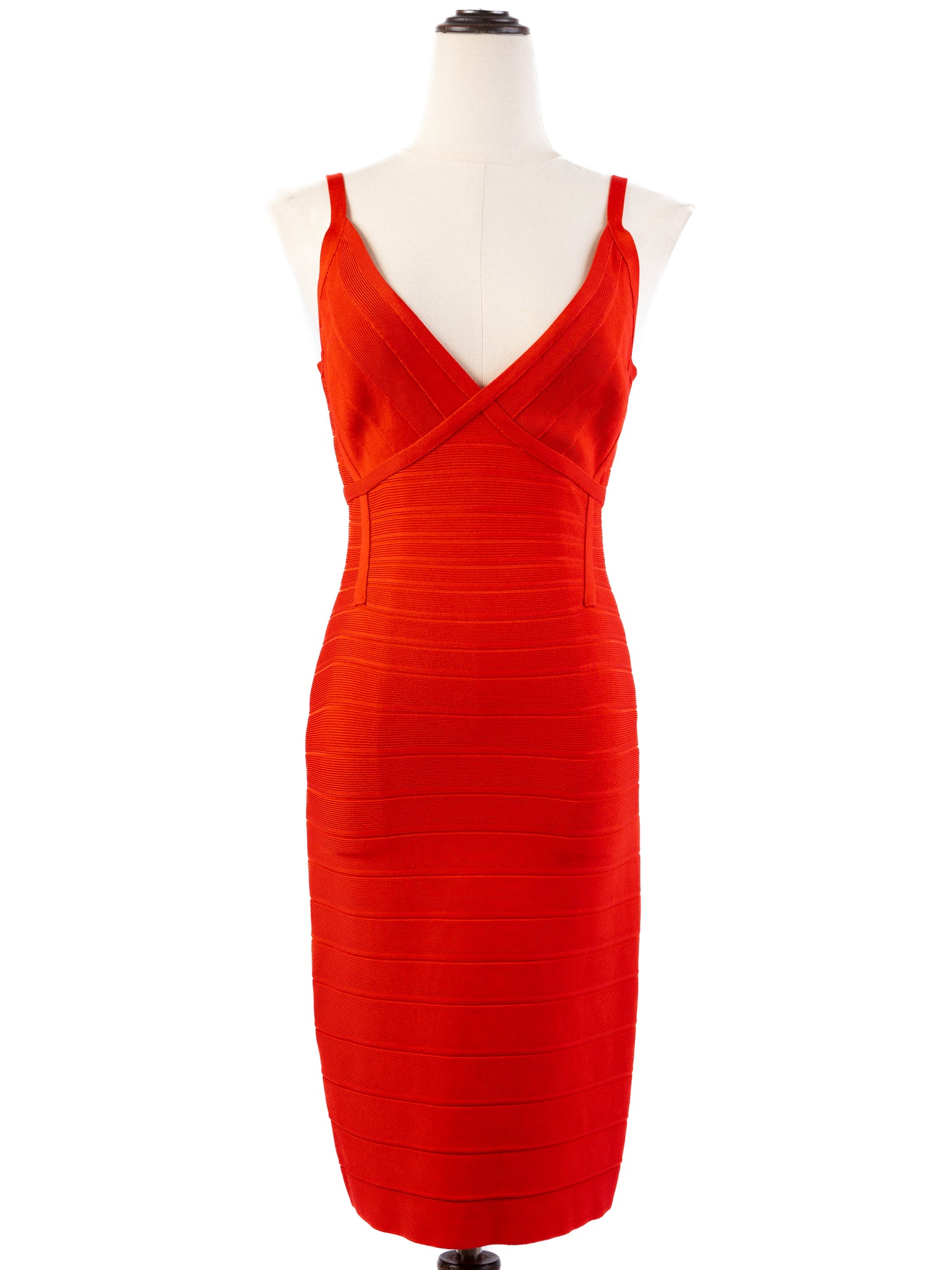 Excellent Herve Leger Red Bodycon Dress Size S Thin Strap V-Neck