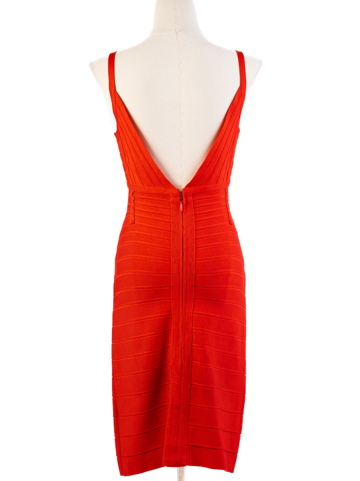 Excellent Herve Leger Red Bodycon Dress Size S Thin Strap V-Neck