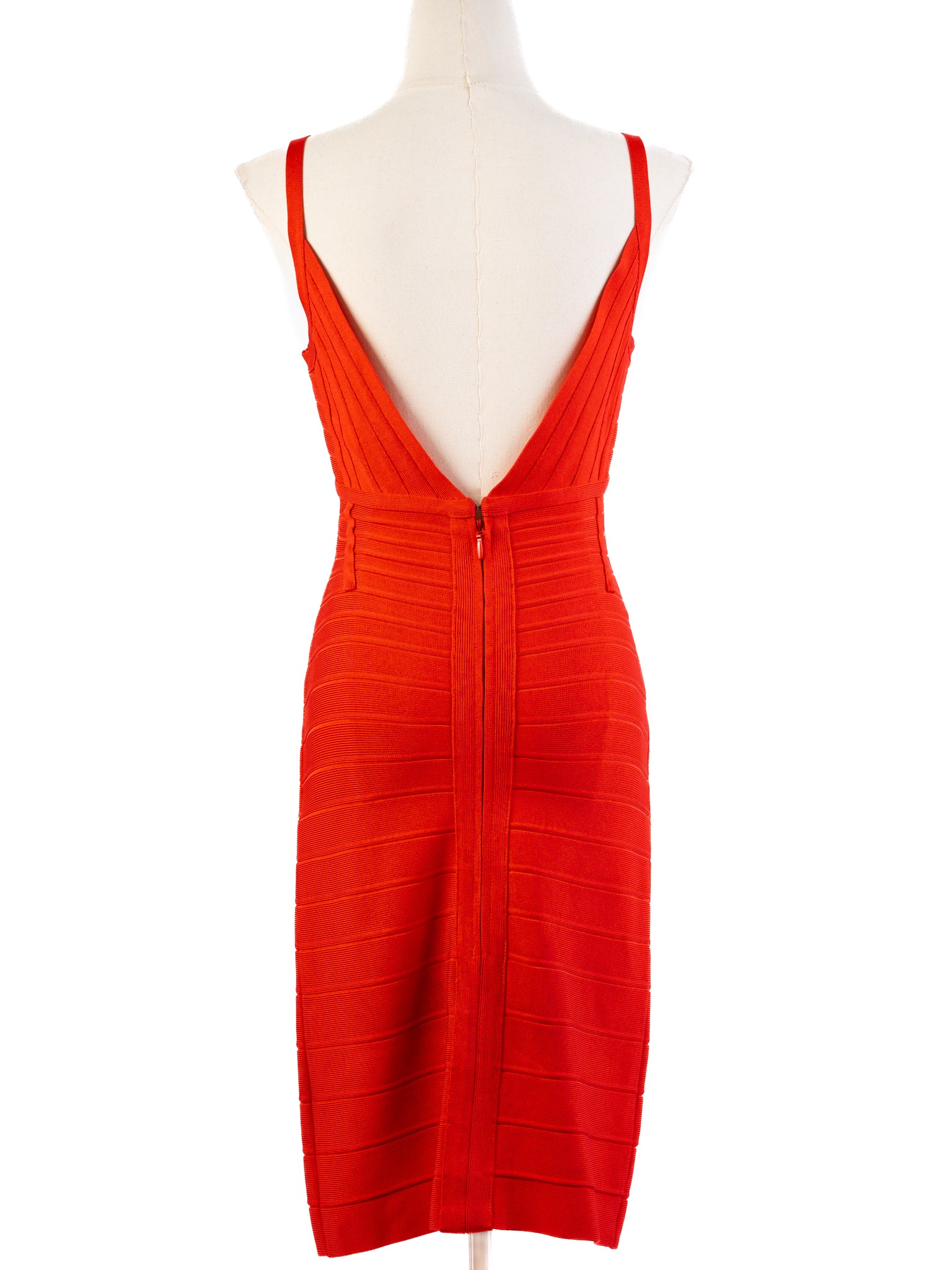 Excellent Herve Leger Red Bodycon Dress Size S Thin Strap V-Neck