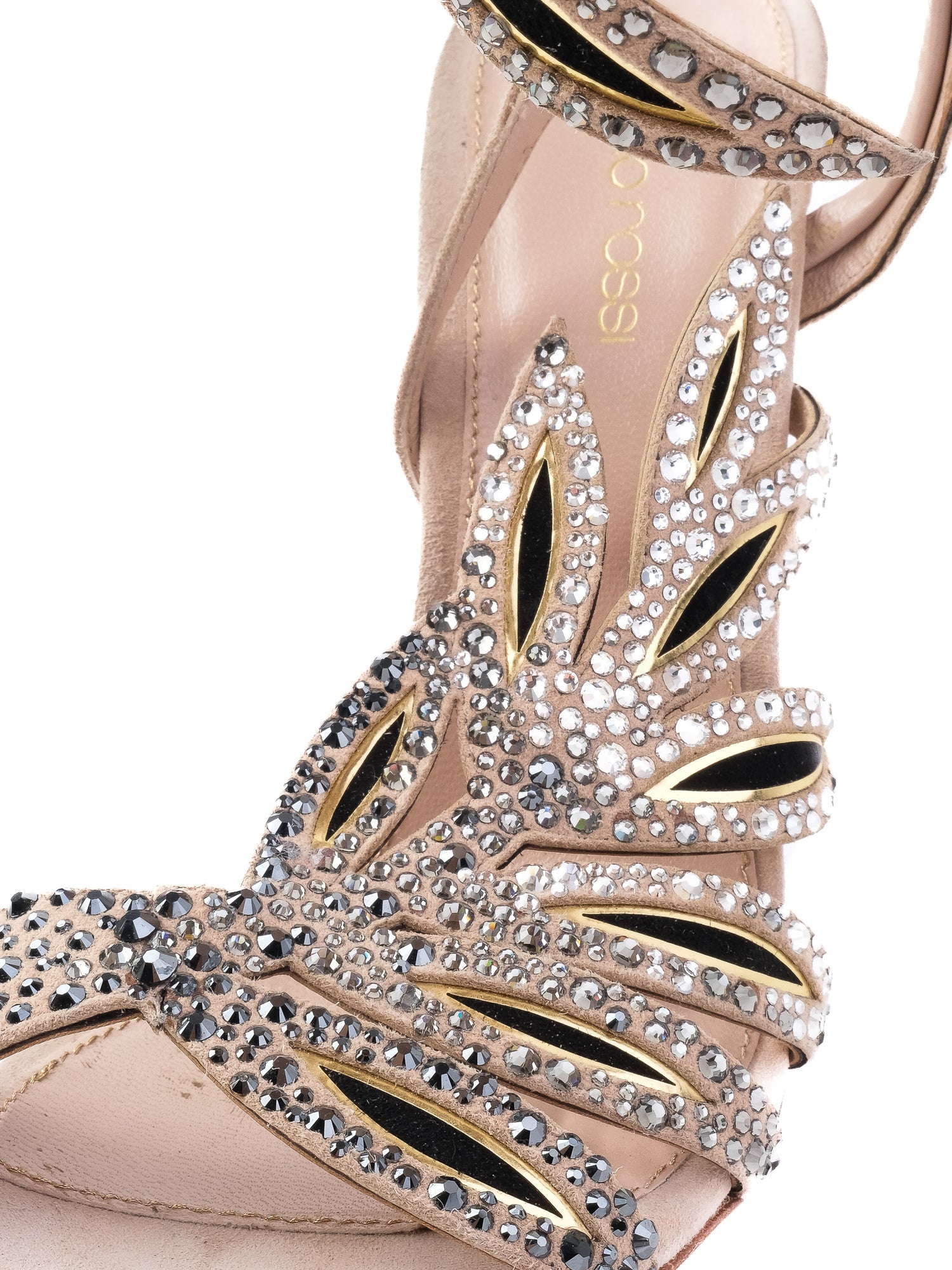 Sergio Rossi White Leather High-Heeled Sandals with Rhinestones