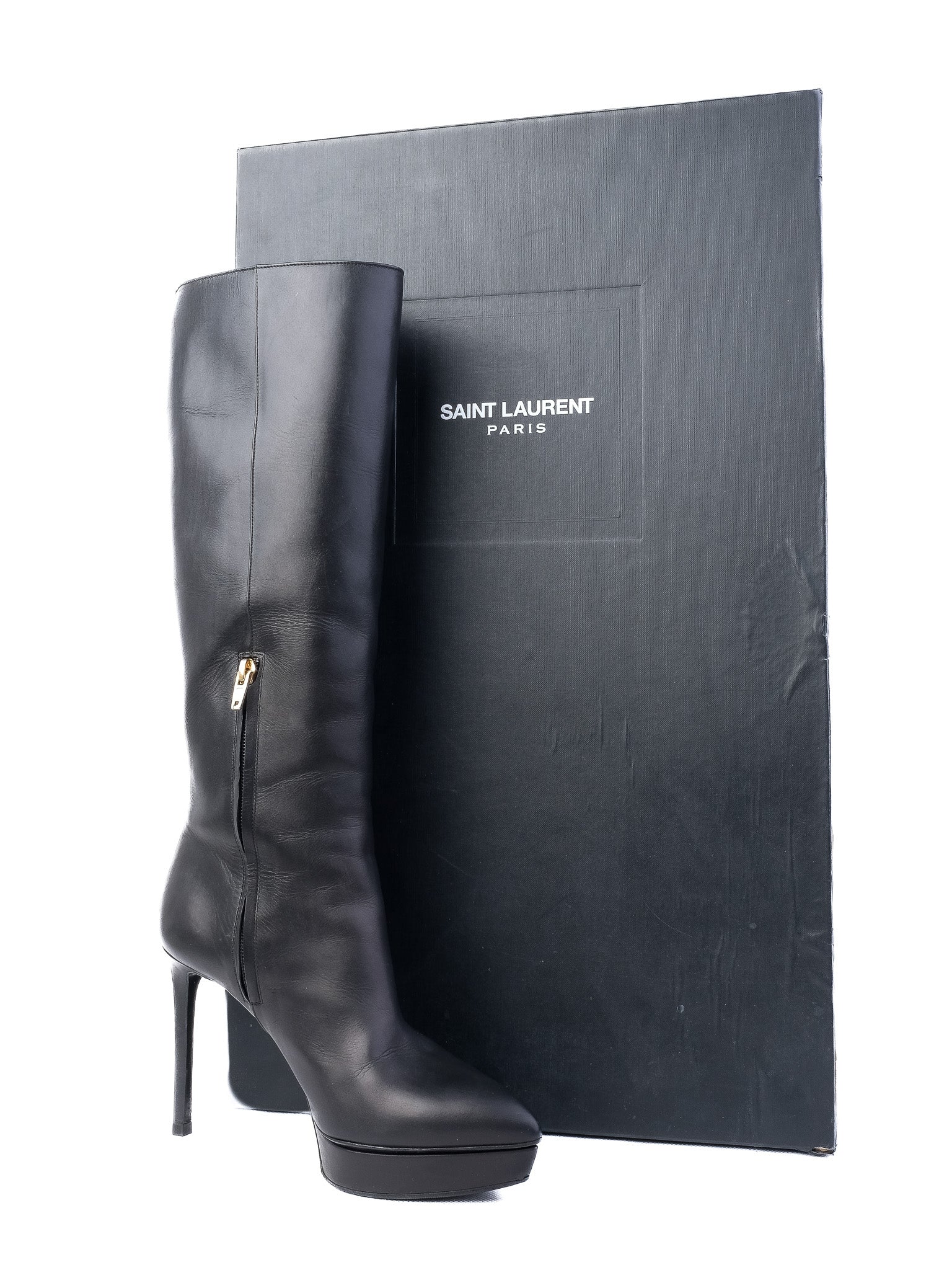 Excellent Saint Laurent Black Leather High-Heeled Boots Size 38