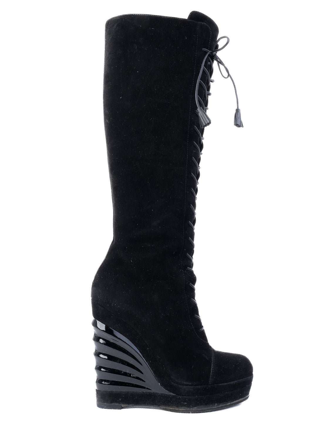 Good Yves Saint Laurent Black Genuine Suede Lace-Up Wedge Boots Size 37.5