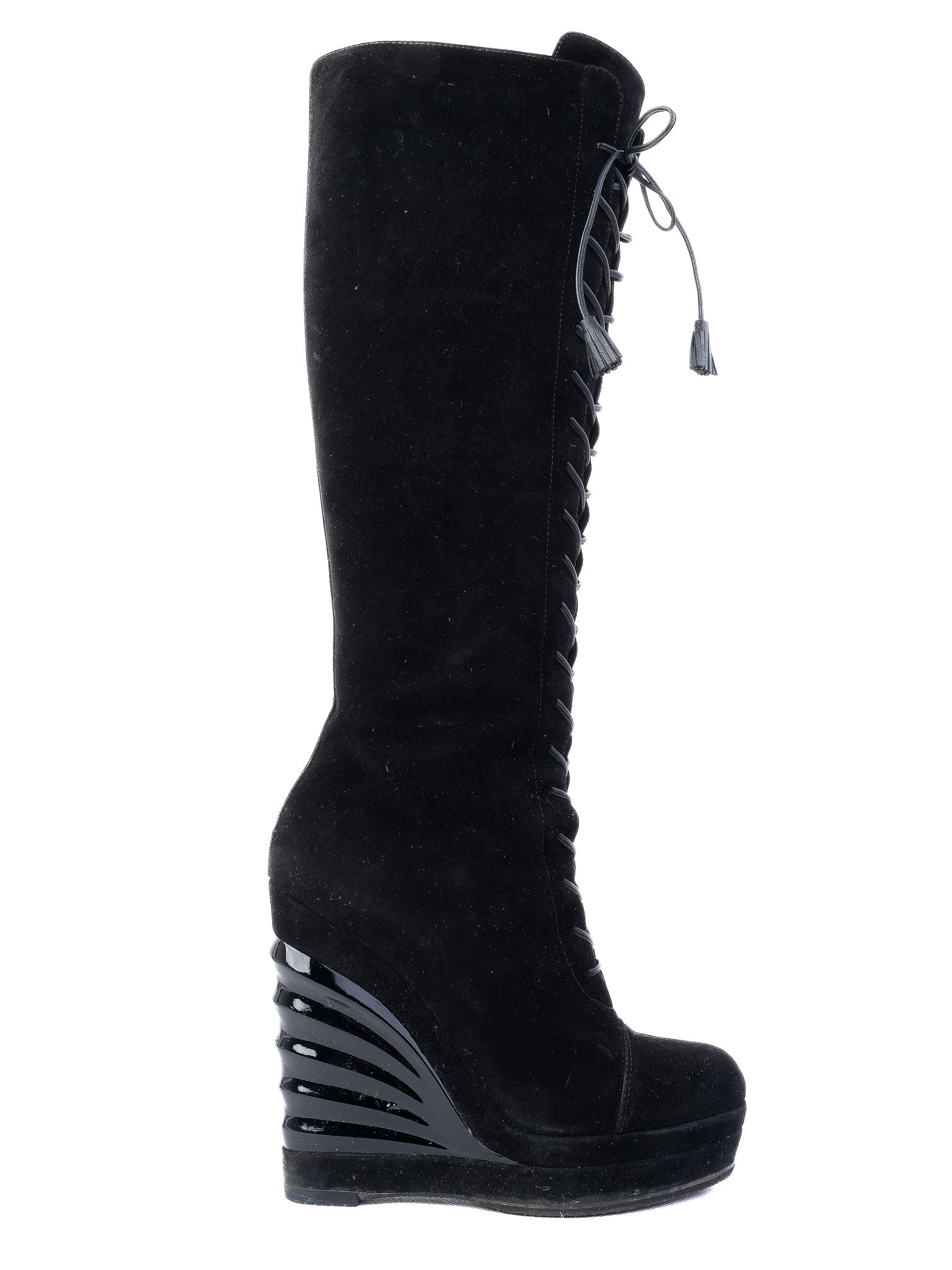 Good Yves Saint Laurent Black Genuine Suede Lace-Up Wedge Boots Size 37.5
