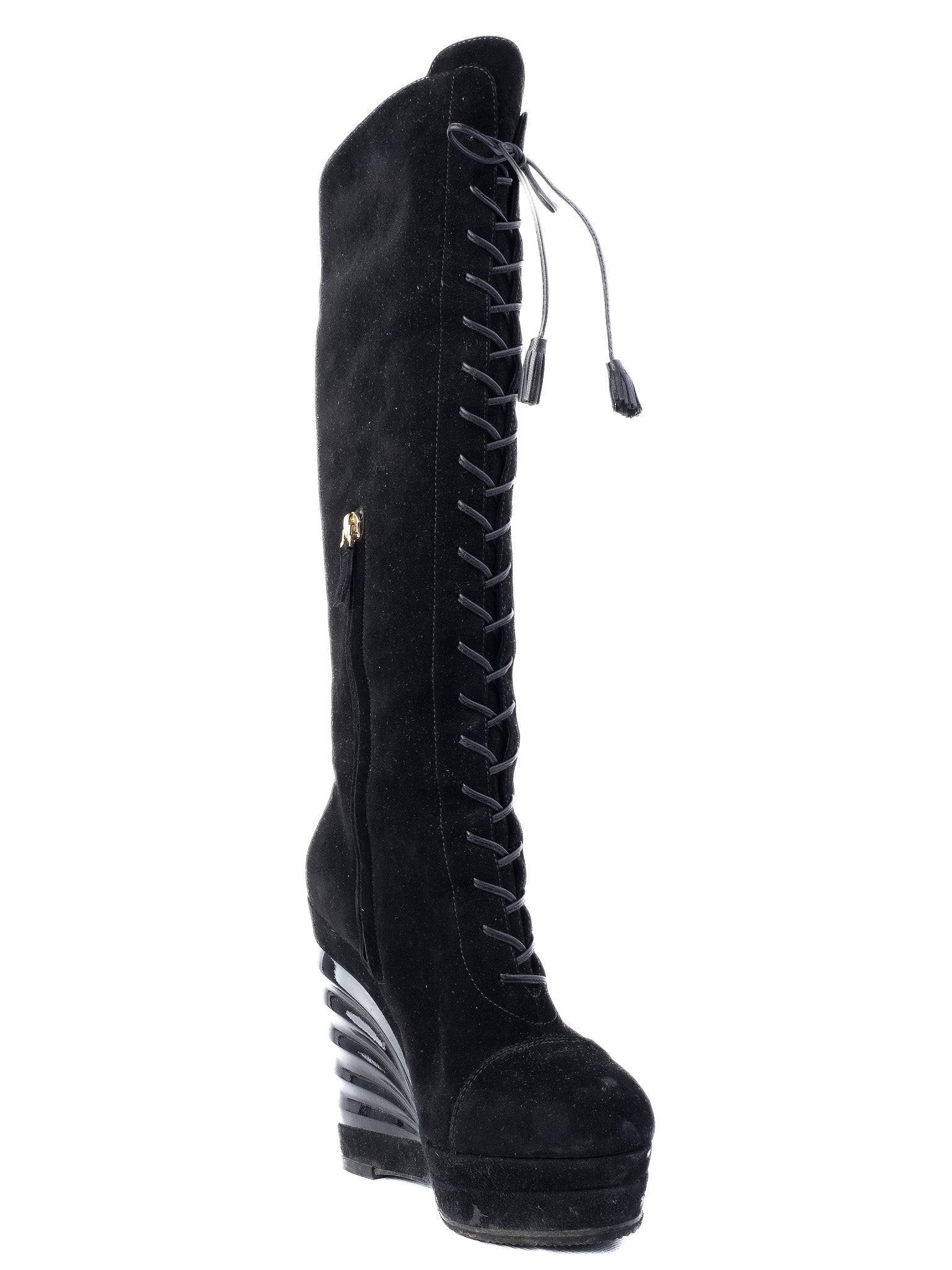 Good Yves Saint Laurent Black Genuine Suede Lace-Up Wedge Boots Size 37.5