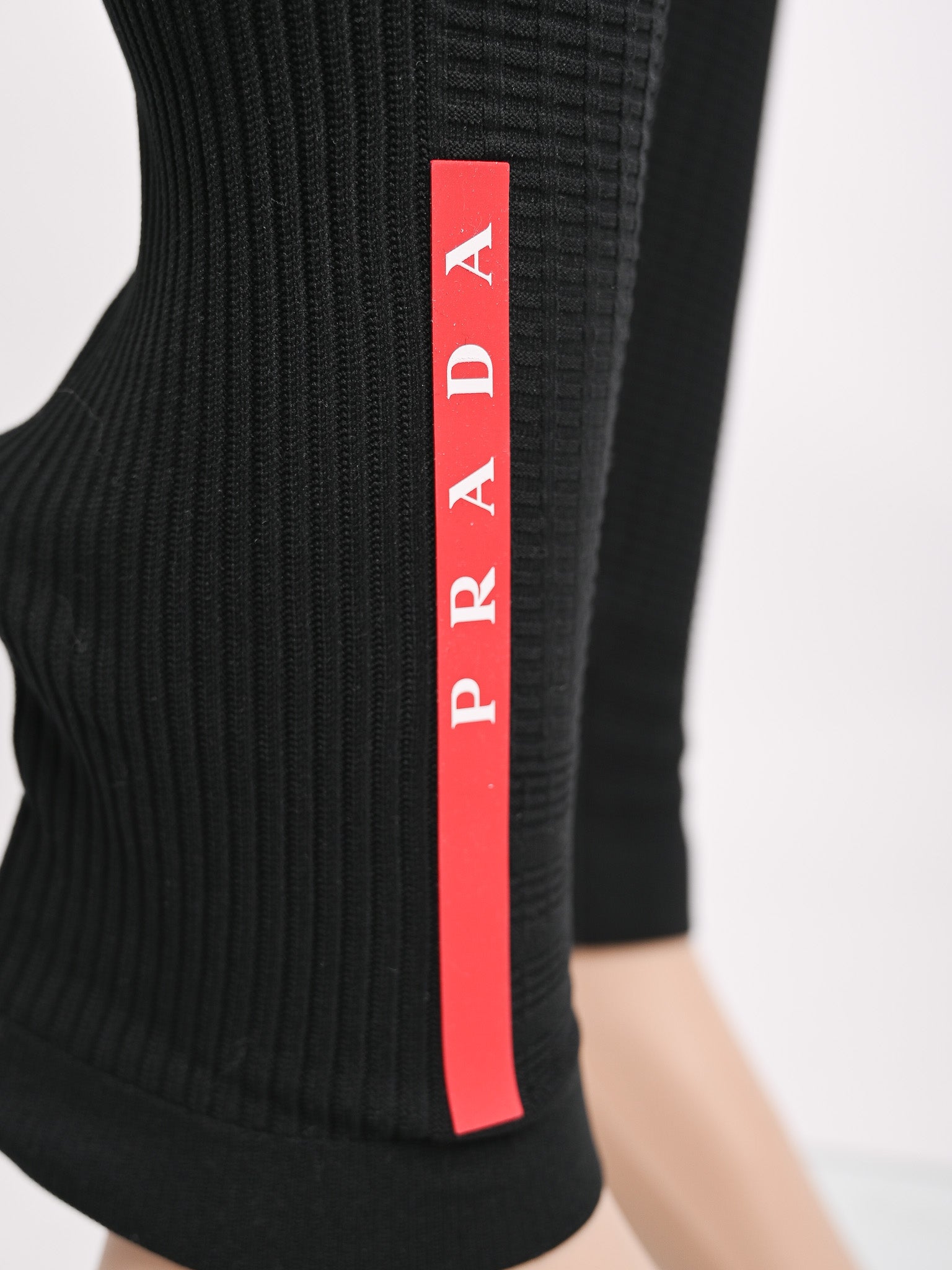 NEW Prada Black Stretch Leggings M with Red Detail and Stripe