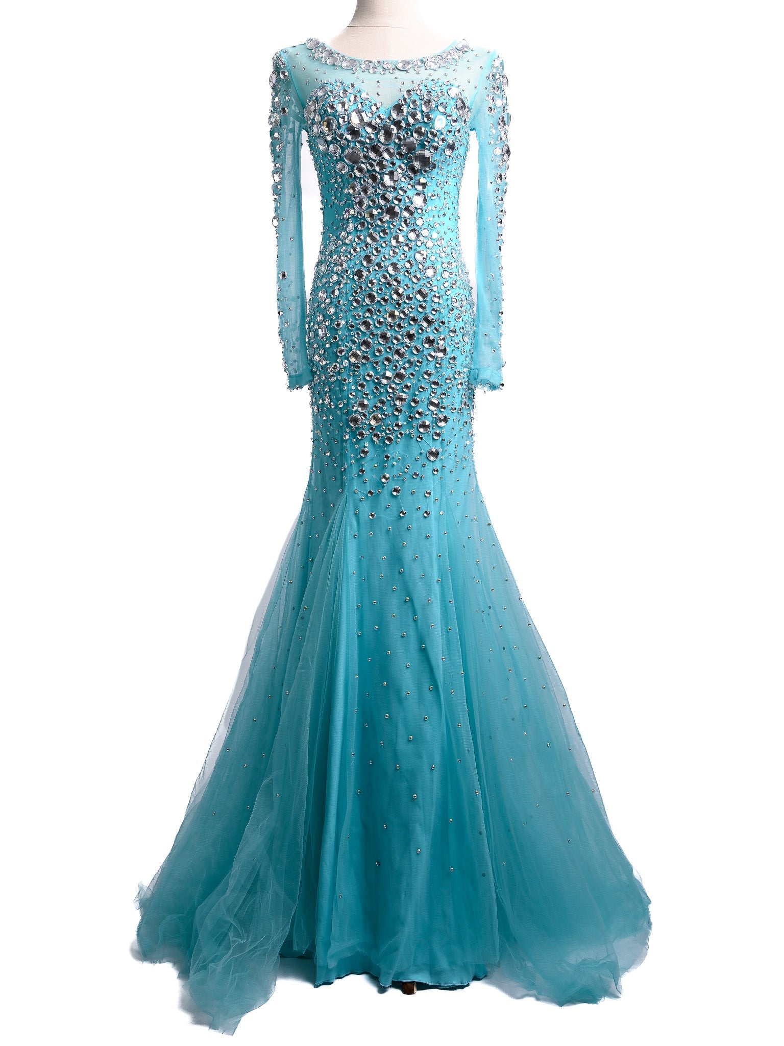 Excellent Sherri Hill Blue Silk Gown with Long Sleeves