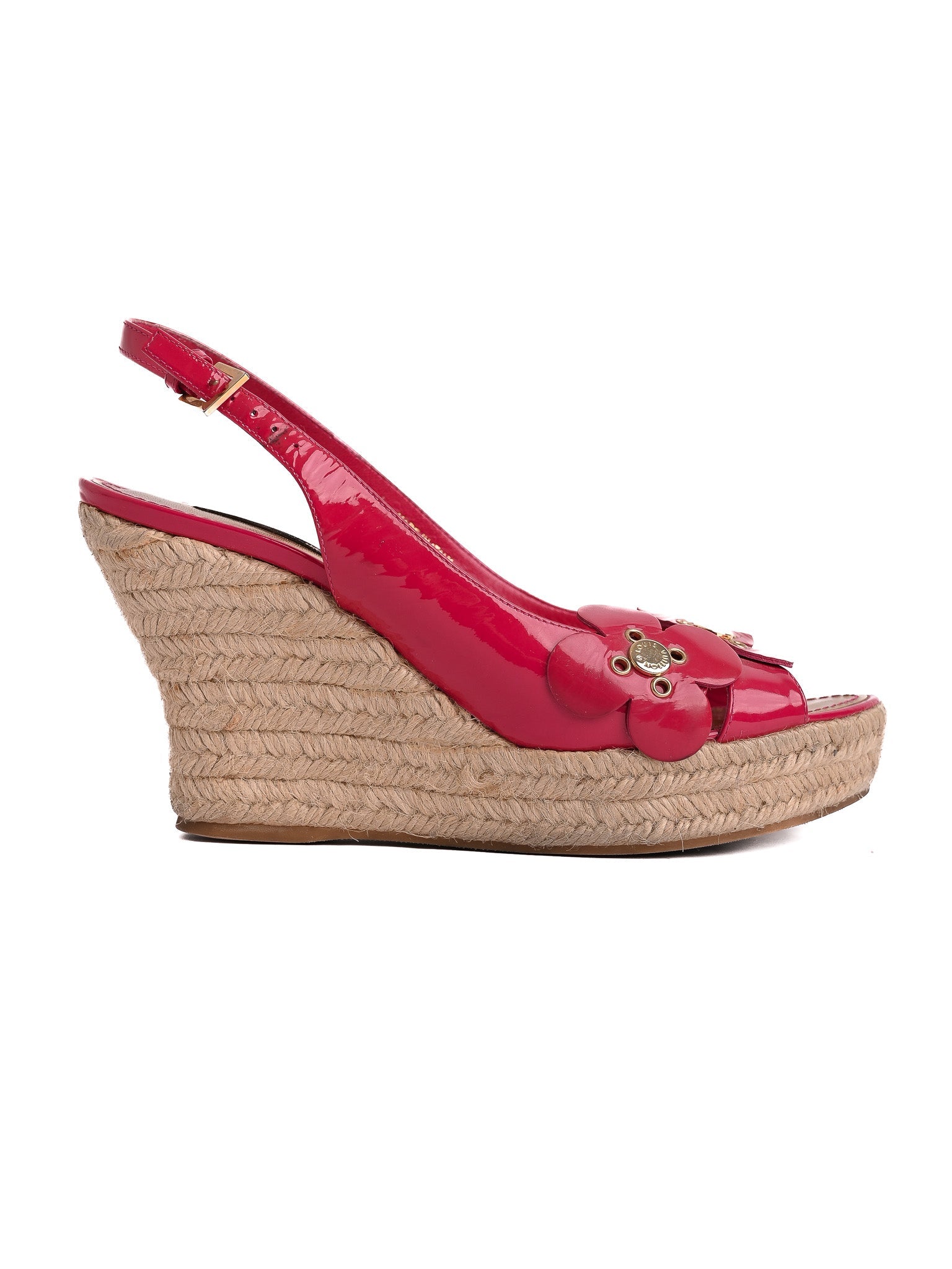 Good Louis Vuitton Pink Lacquer Wedge Sandals Size 37.5