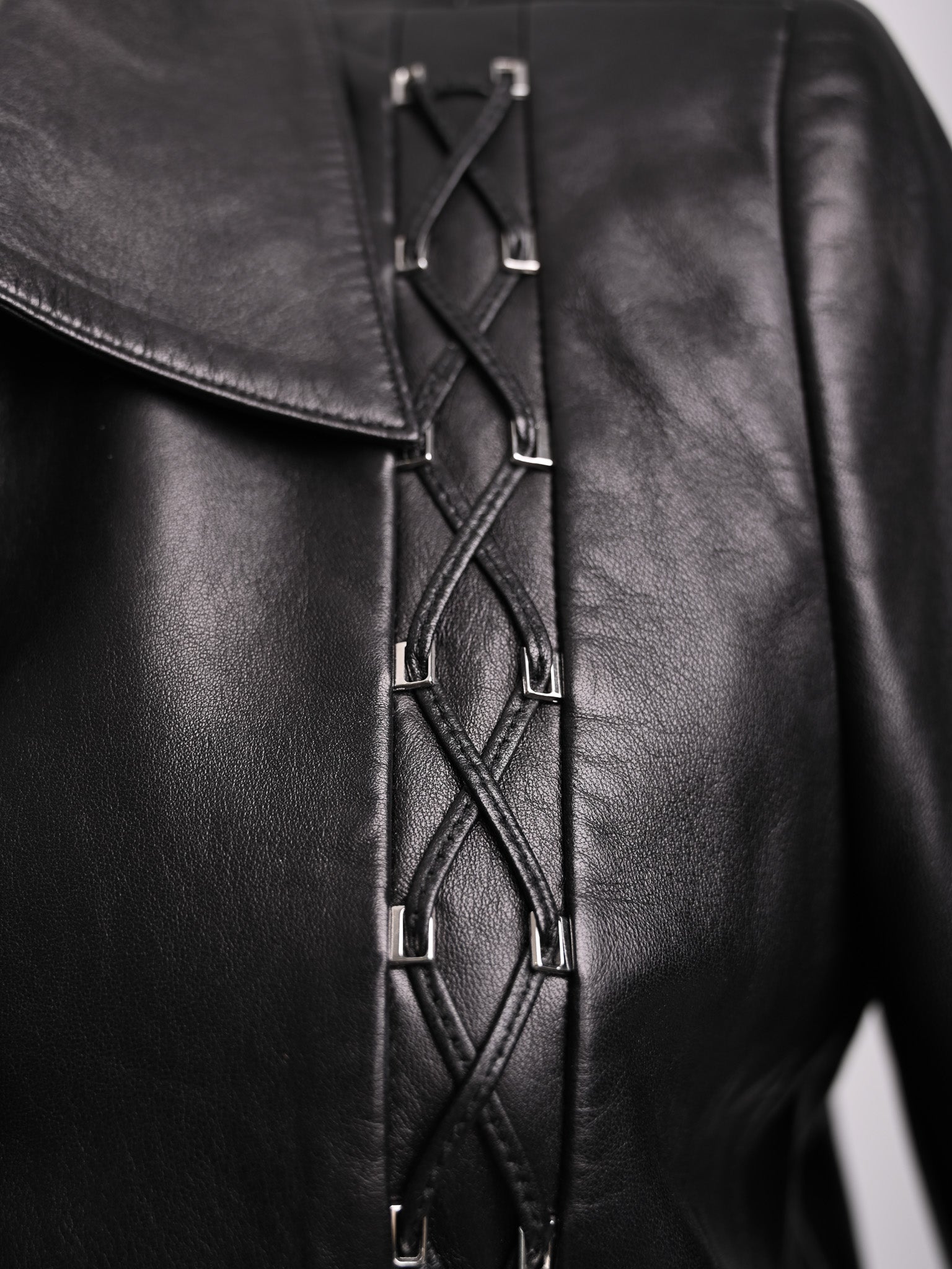 Good Escada Black Leather Jacket Size M with Lacing Details