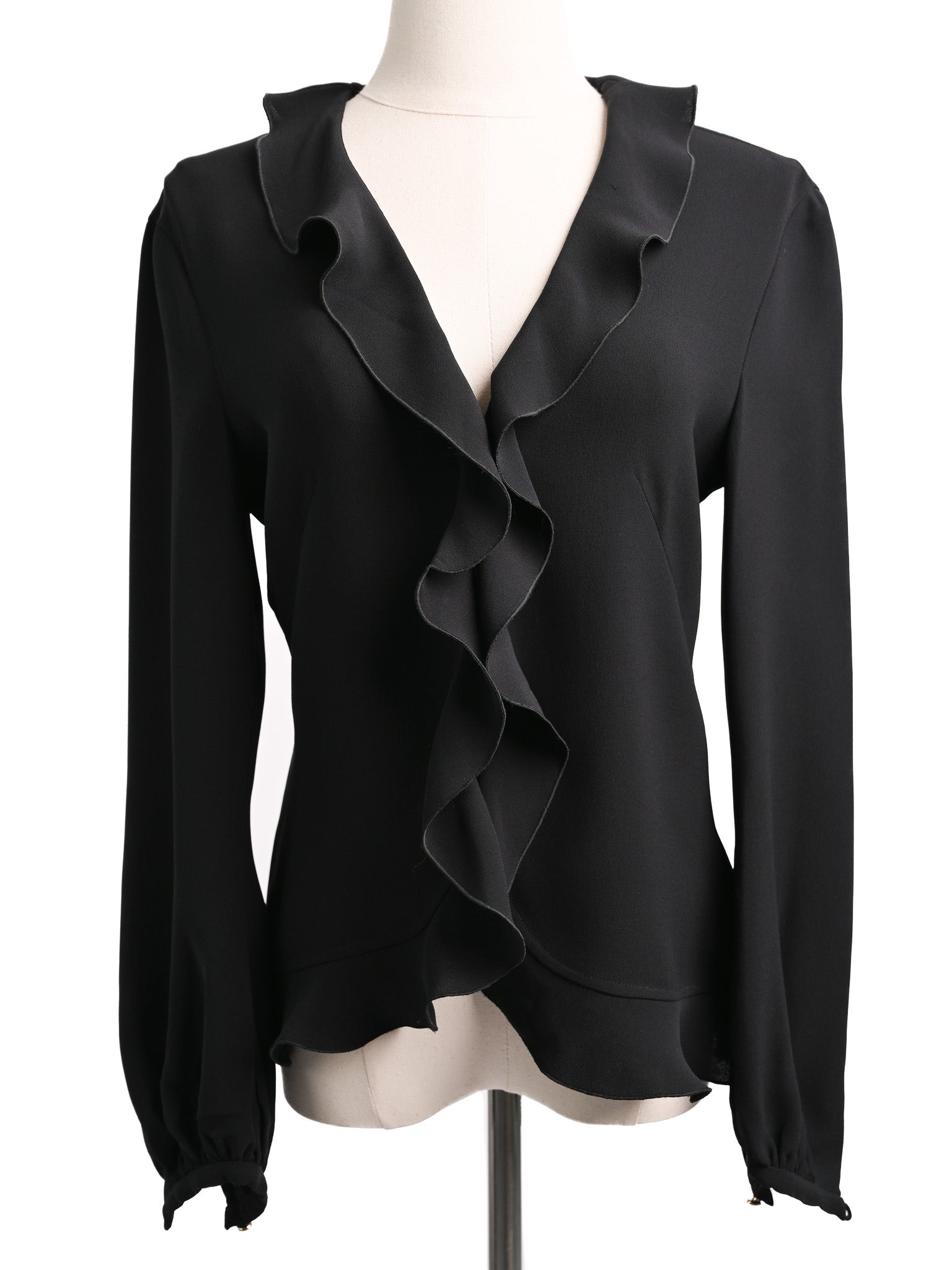 Excellent Escada Black Silk Blouse XXS with Ruffled Detail